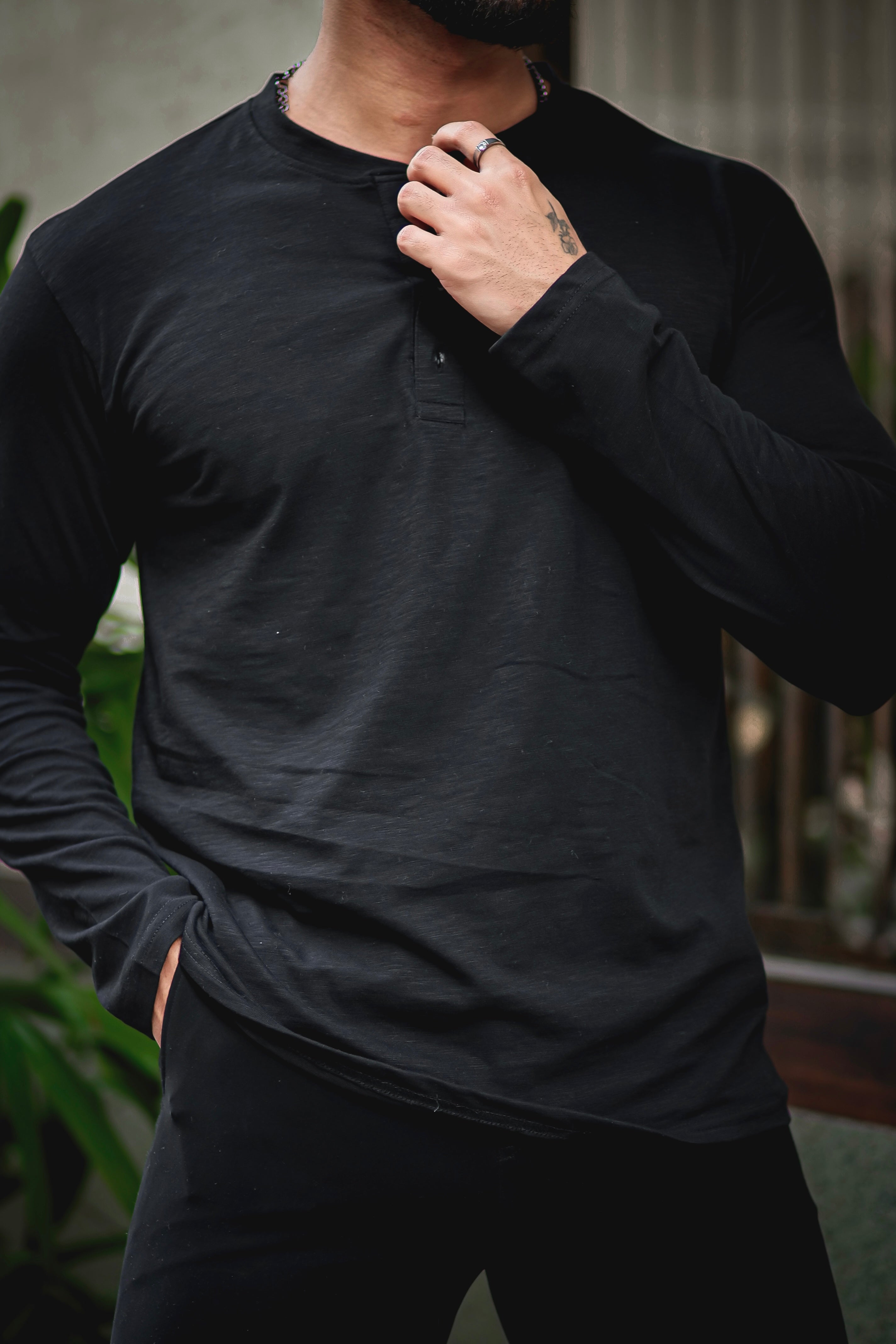 Black Self Design Slub Henley T-Shirt