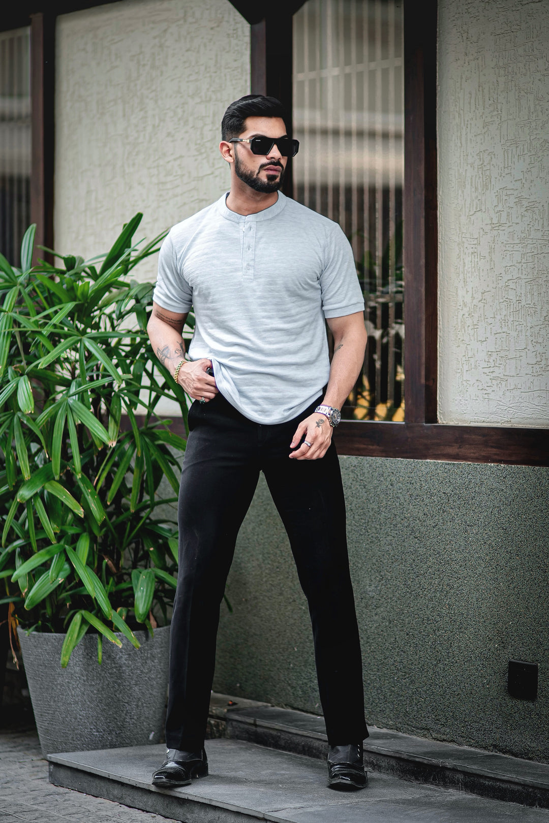 Light Blue Self Design Henley T-Shirt