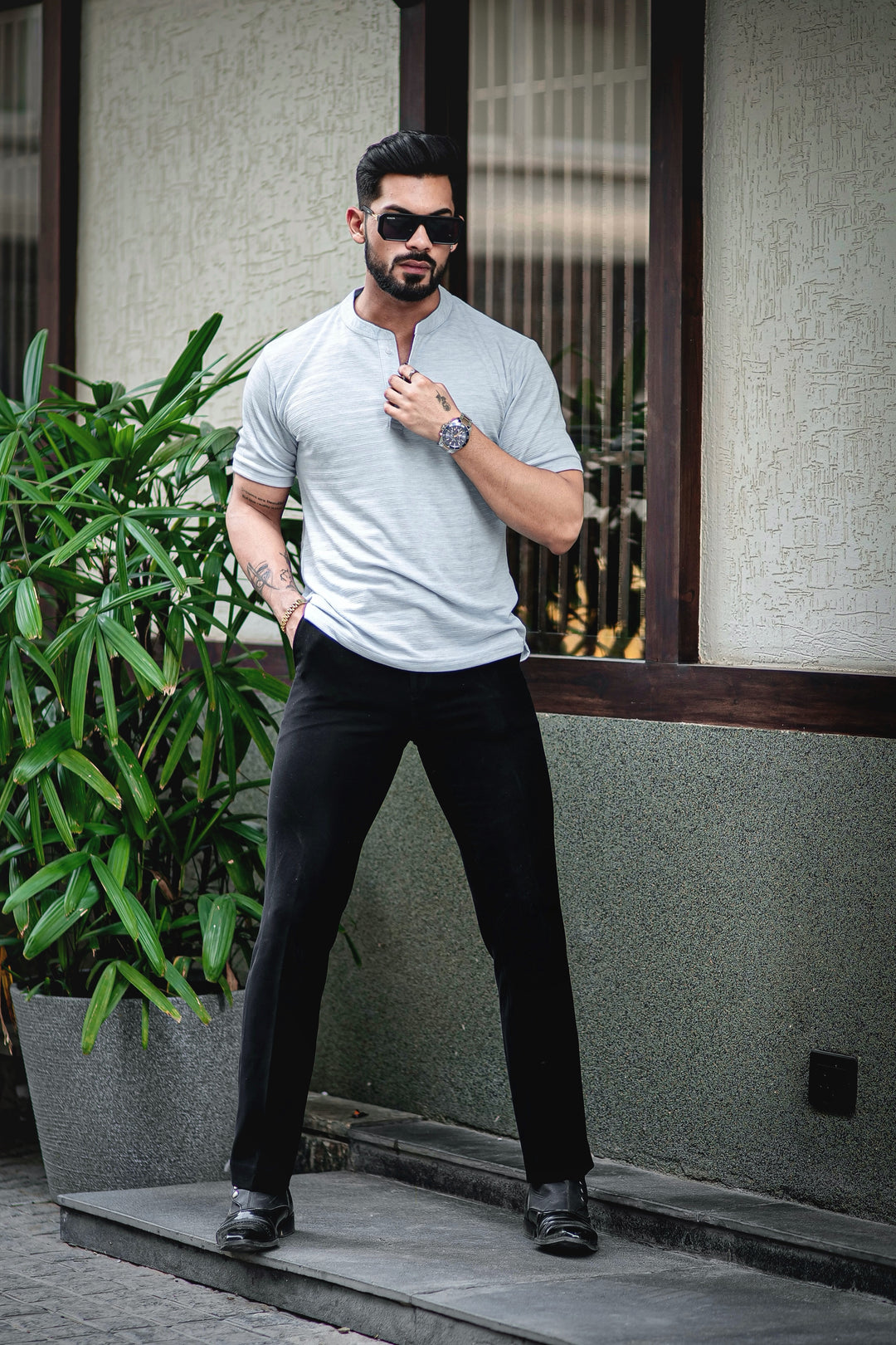 Light Blue Self Design Henley T-Shirt
