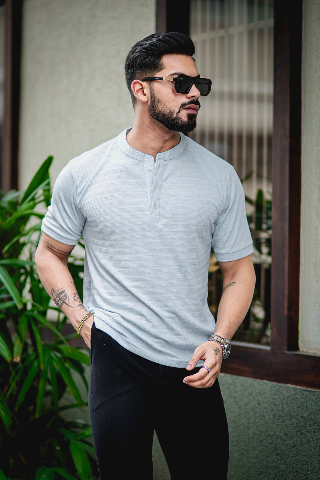Light Blue Self Design Henley T-Shirt