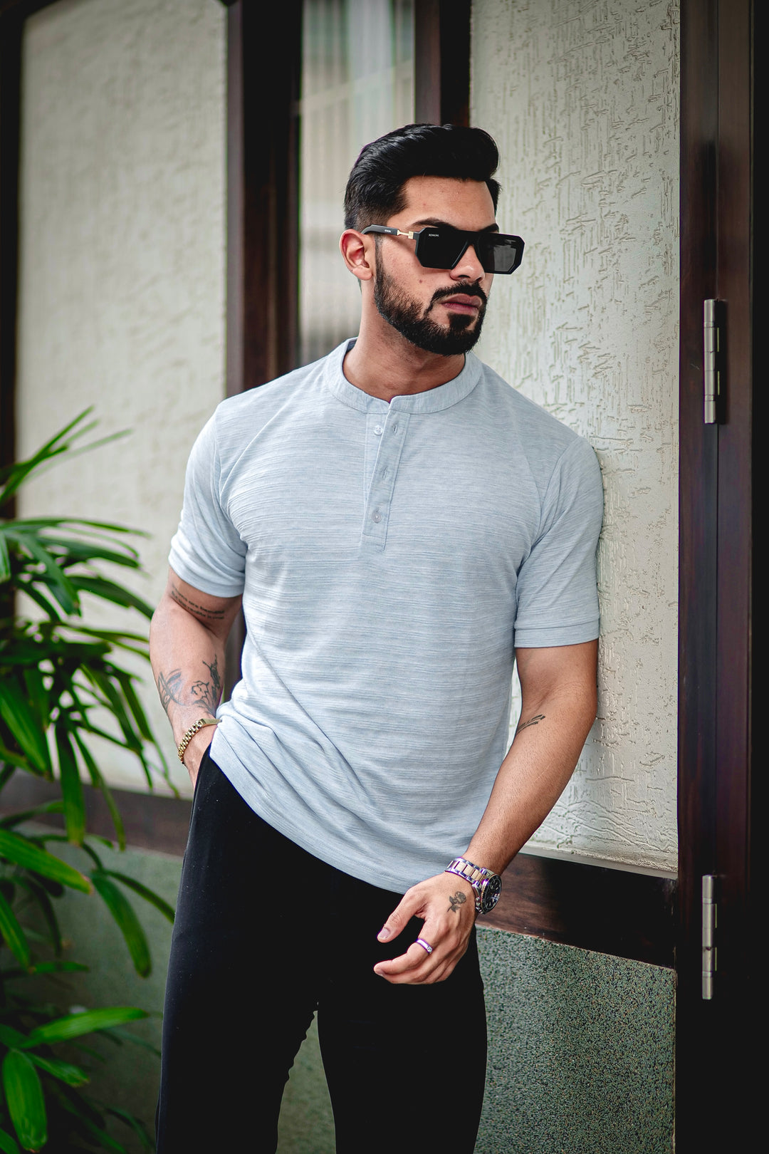Light Blue Self Design Henley T-Shirt