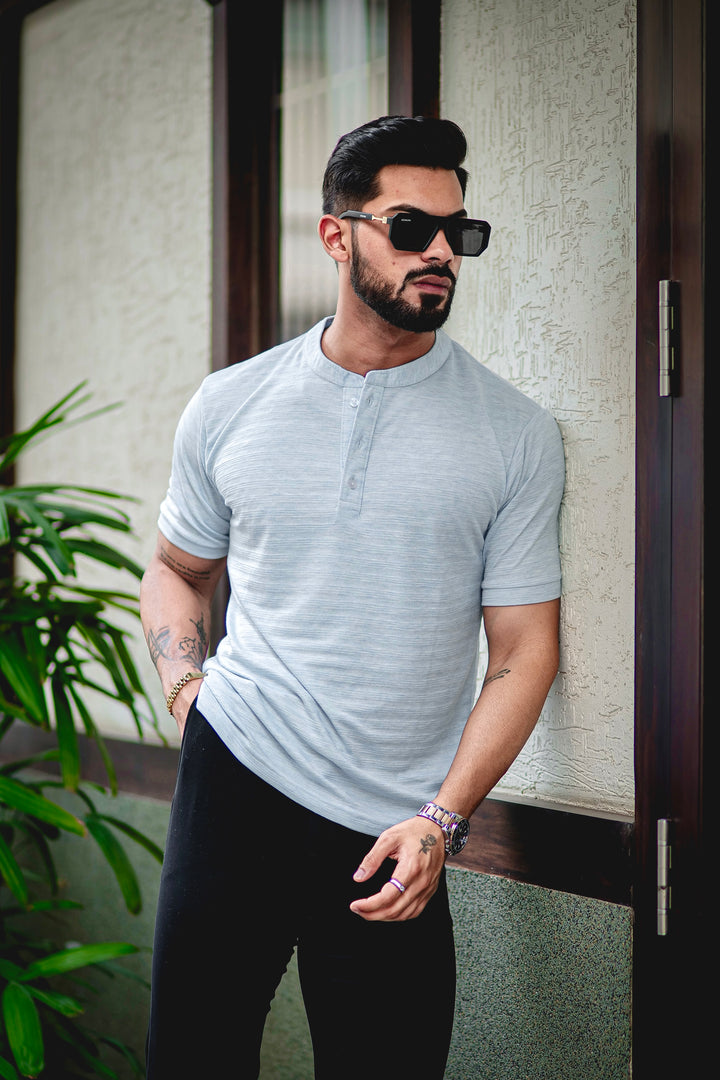 Light Blue Self Design Henley T-Shirt