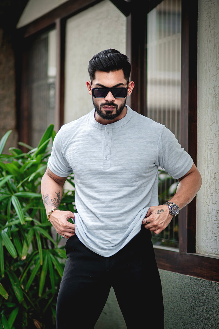 Light Blue Self Design Henley T-Shirt
