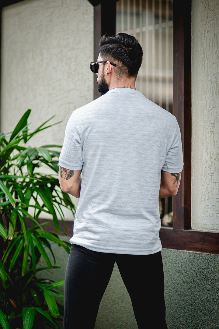 Light Blue Self Design Henley T-Shirt