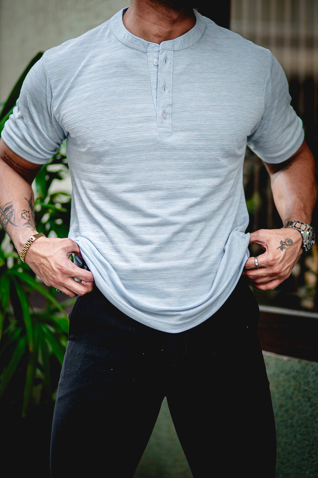 Light Blue Self Design Henley T-Shirt