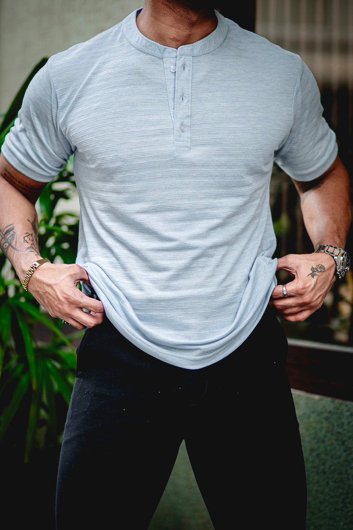 Light Blue Self Design Henley T-Shirt