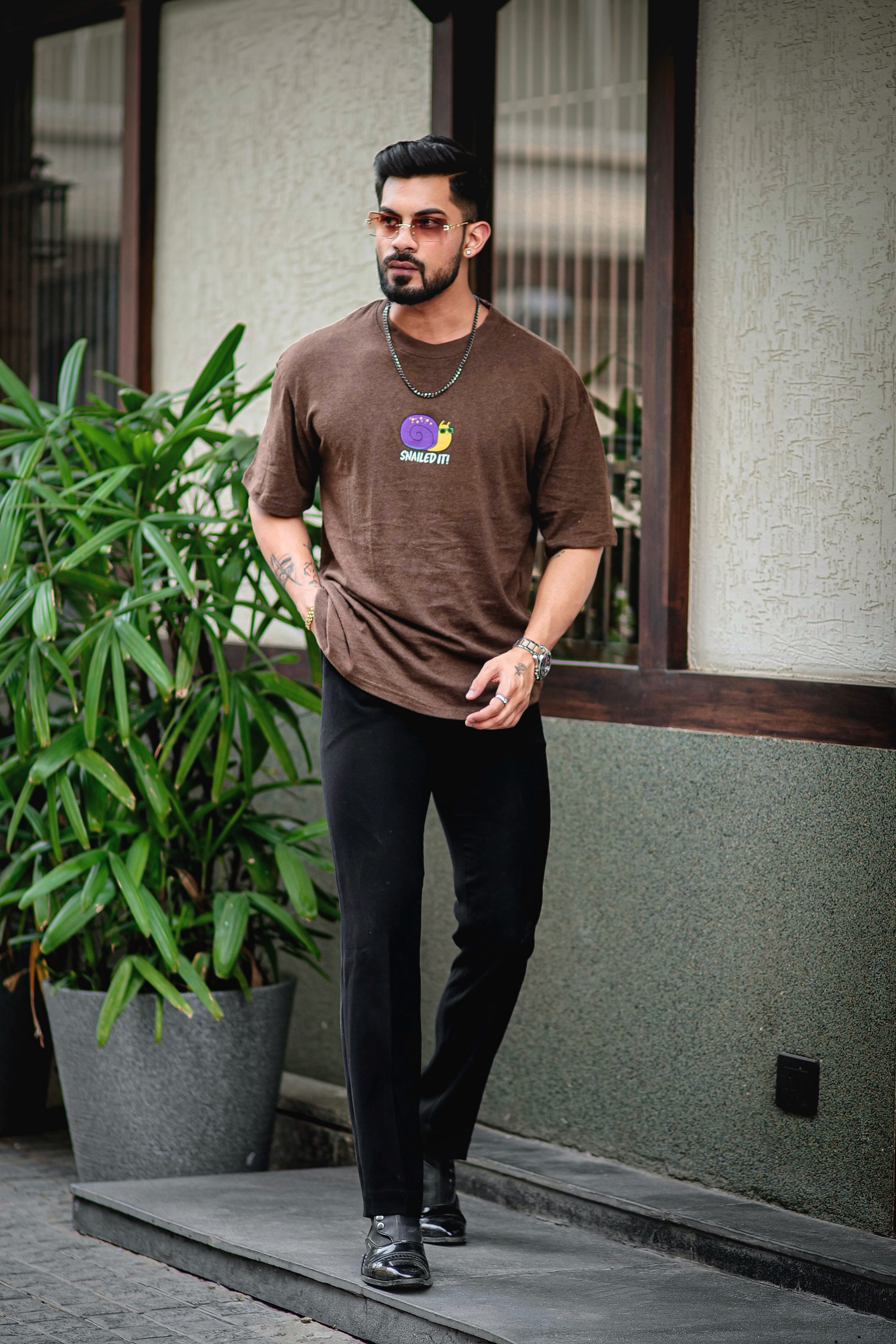Brown "Snailed it" Print Oversized Cotton T-Shirt