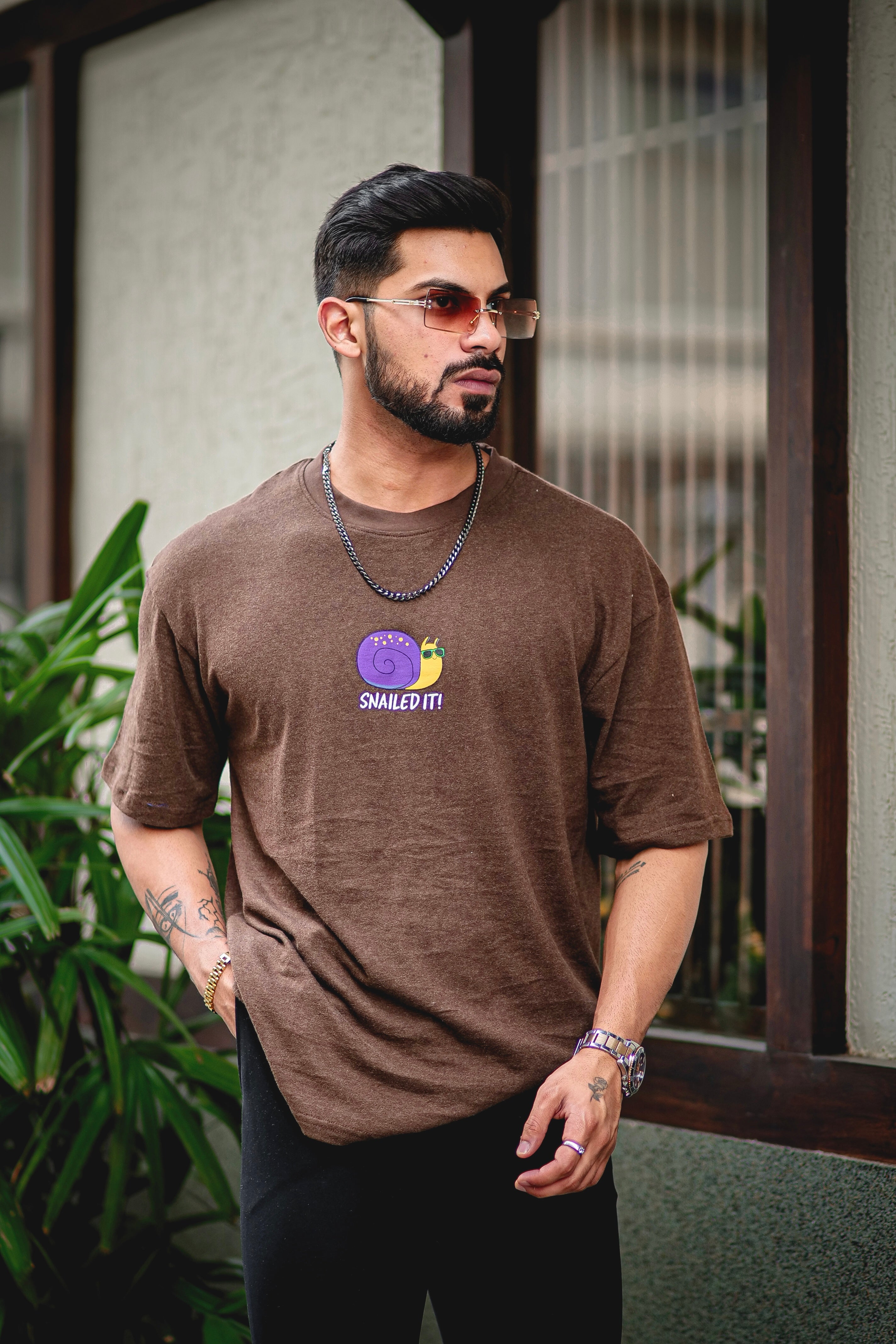 Brown "Snailed it" Print Oversized Cotton T-Shirt