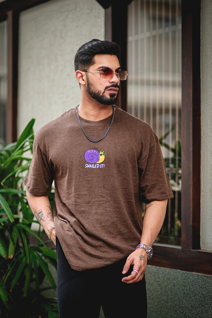 Brown "Snailed it" Print Oversized Cotton T-Shirt