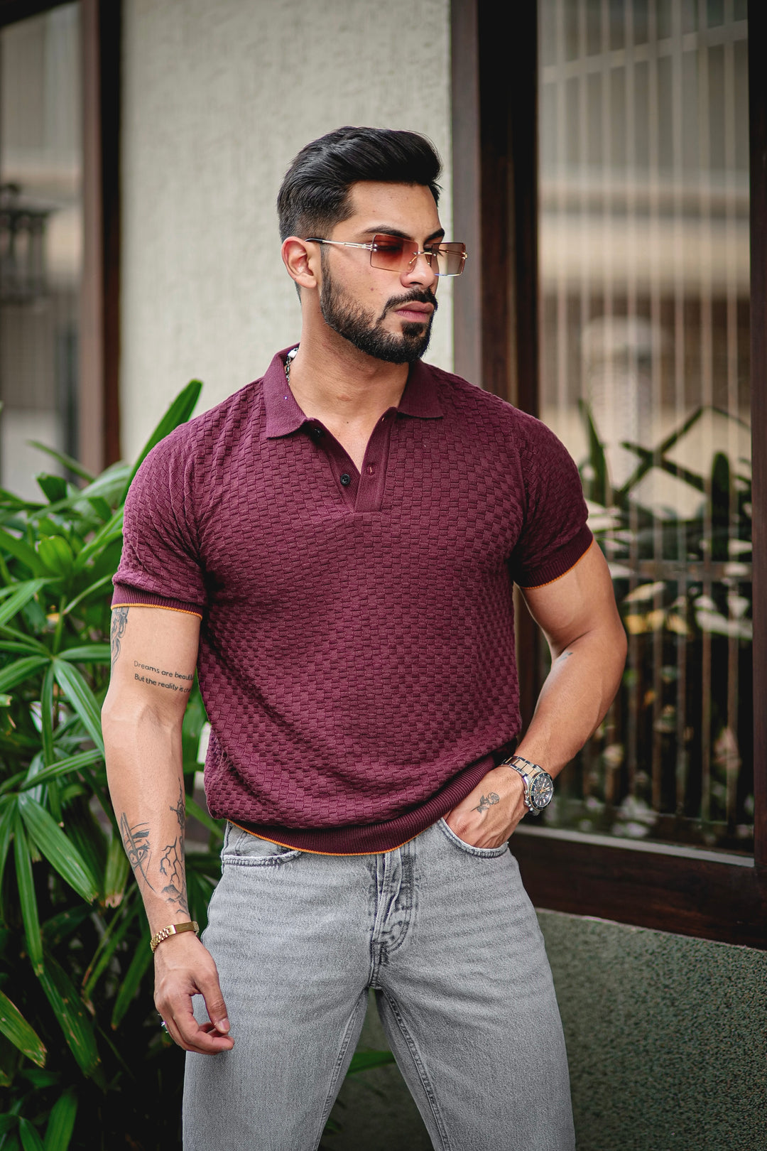 Brown Yellow Flat Knit Premium Polo T-Shirt