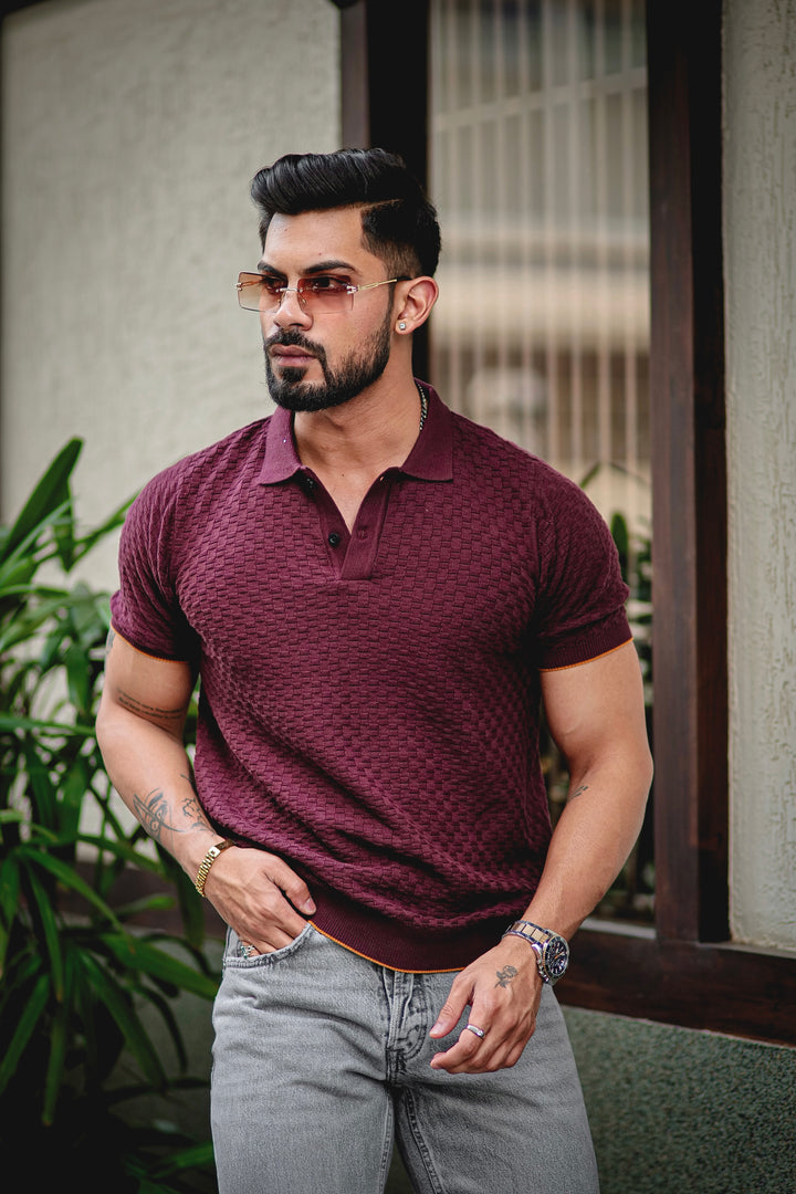 Brown Yellow Flat Knit Premium Polo T-Shirt
