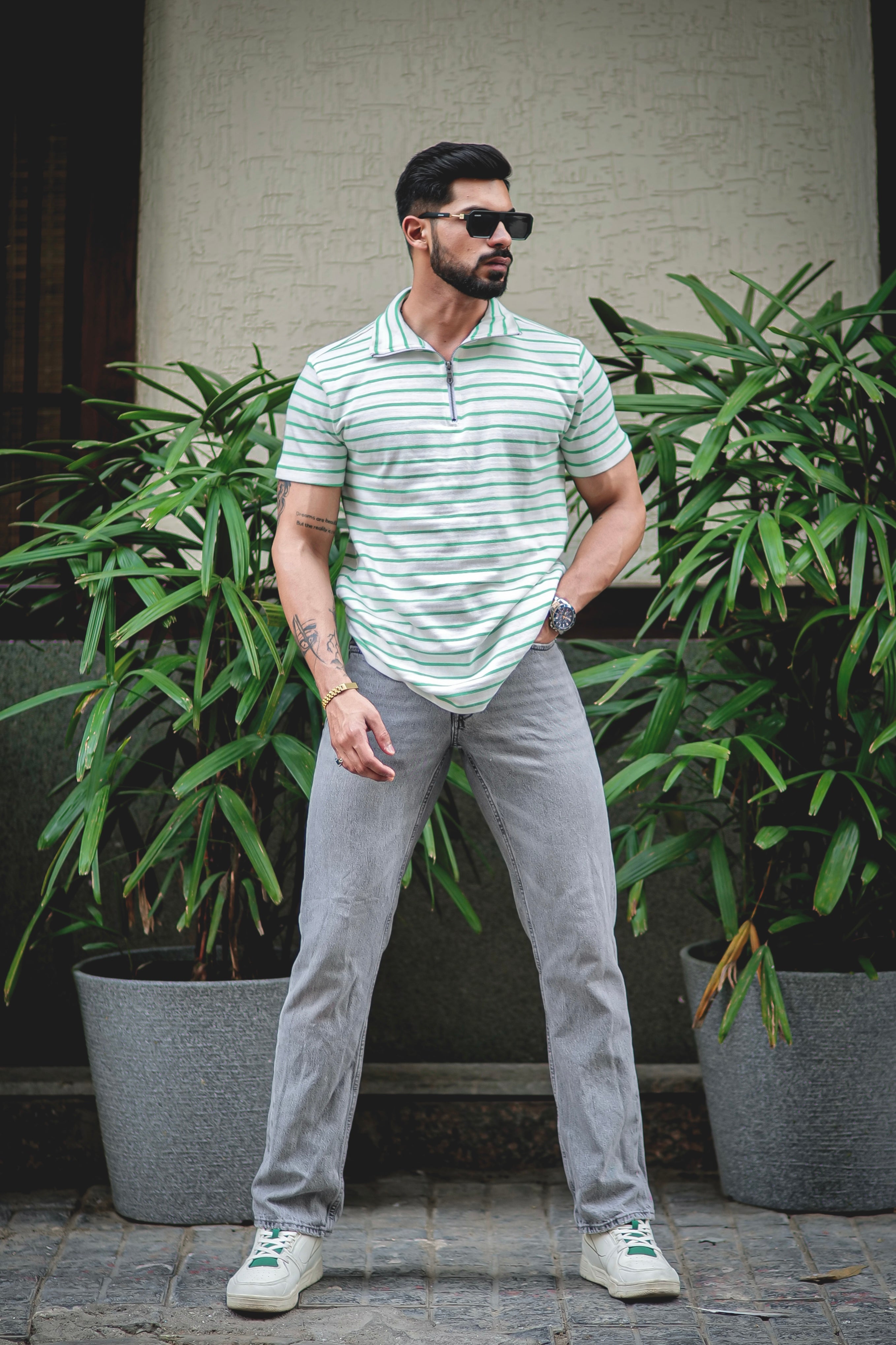 Green Stripes Self Design Zipper T-Shirt