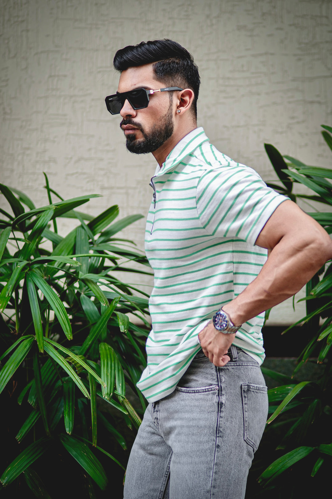 Green Stripes Self Design Zipper T-Shirt