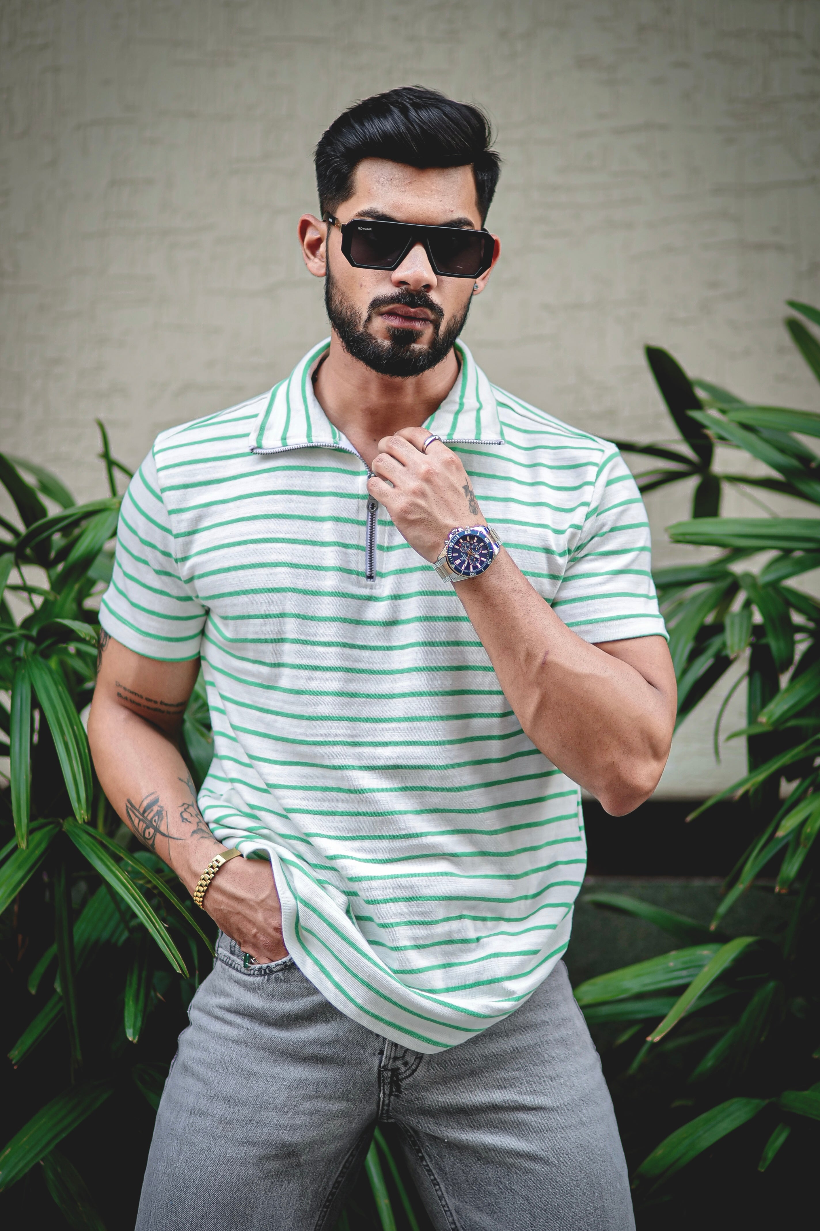 Green Stripes Self Design Zipper T-Shirt