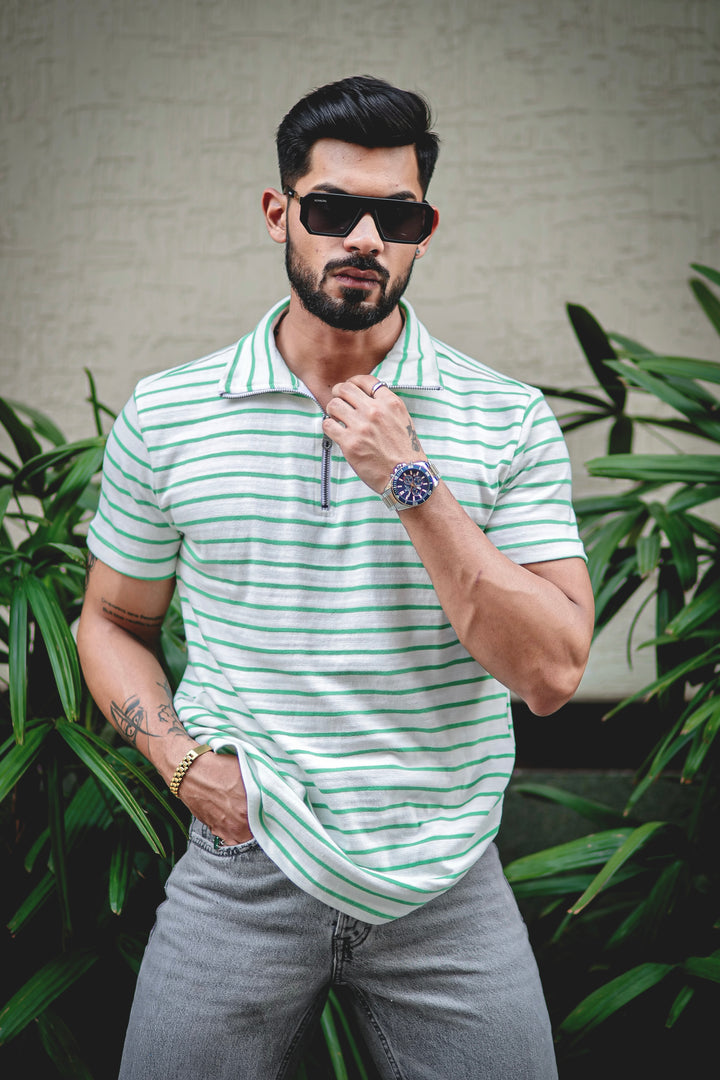 Green Stripes Self Design Zipper T-Shirt