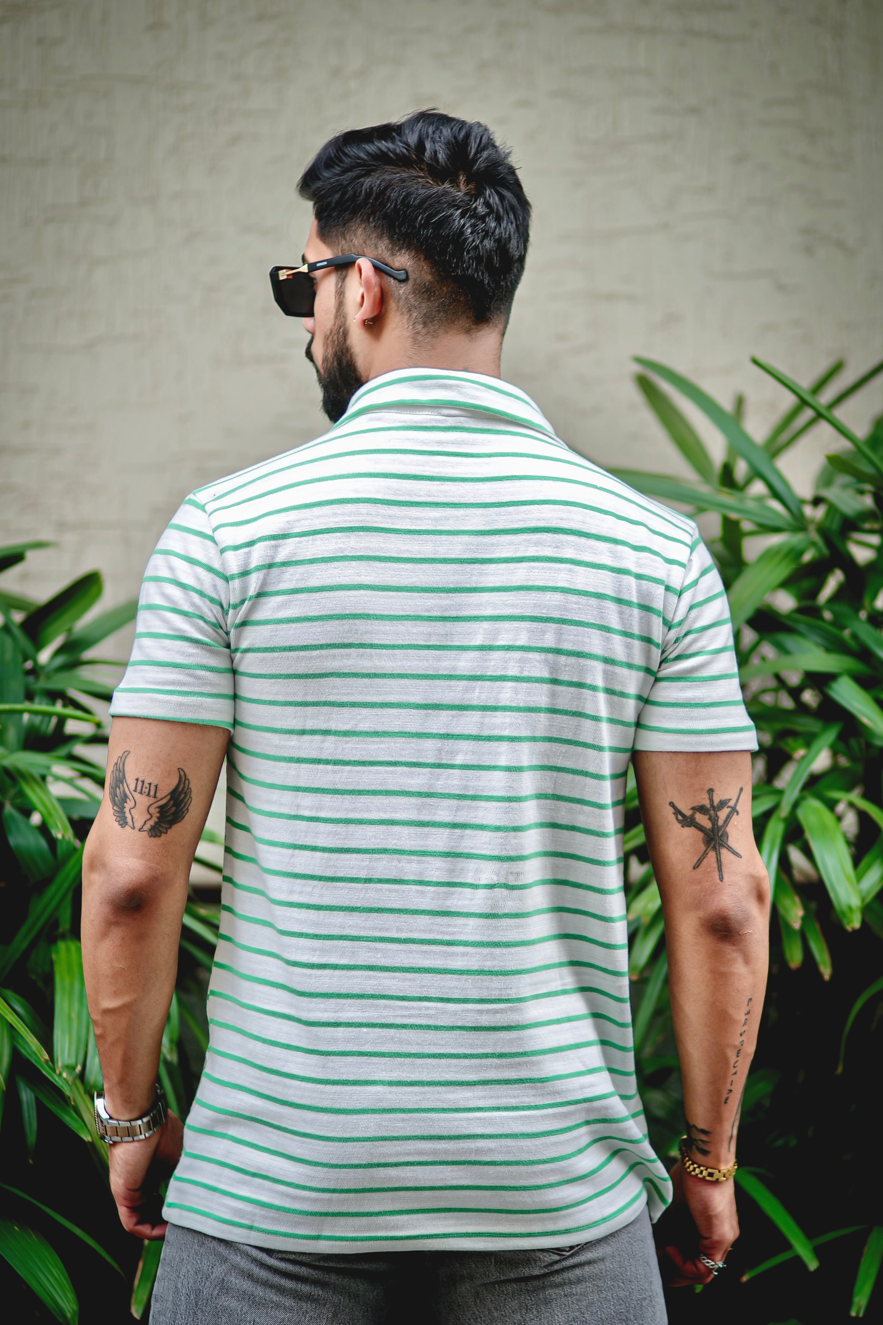 Green Stripes Self Design Zipper T-Shirt