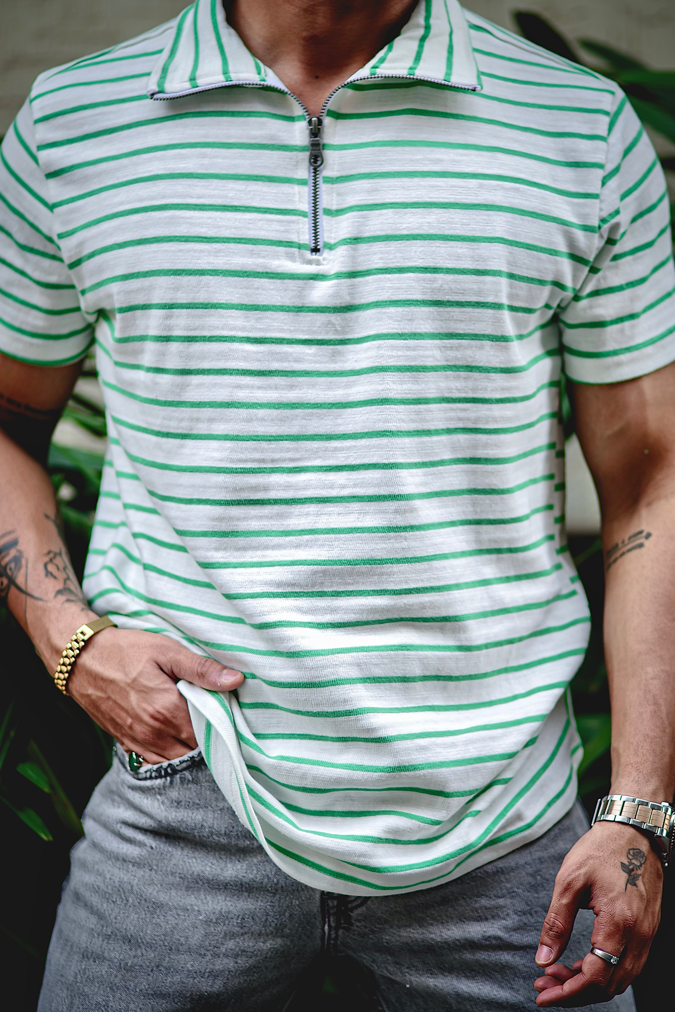 Green Stripes Self Design Zipper T-Shirt