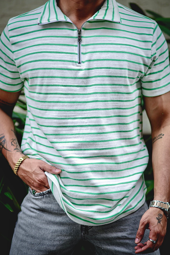 Green Stripes Self Design Zipper T-Shirt