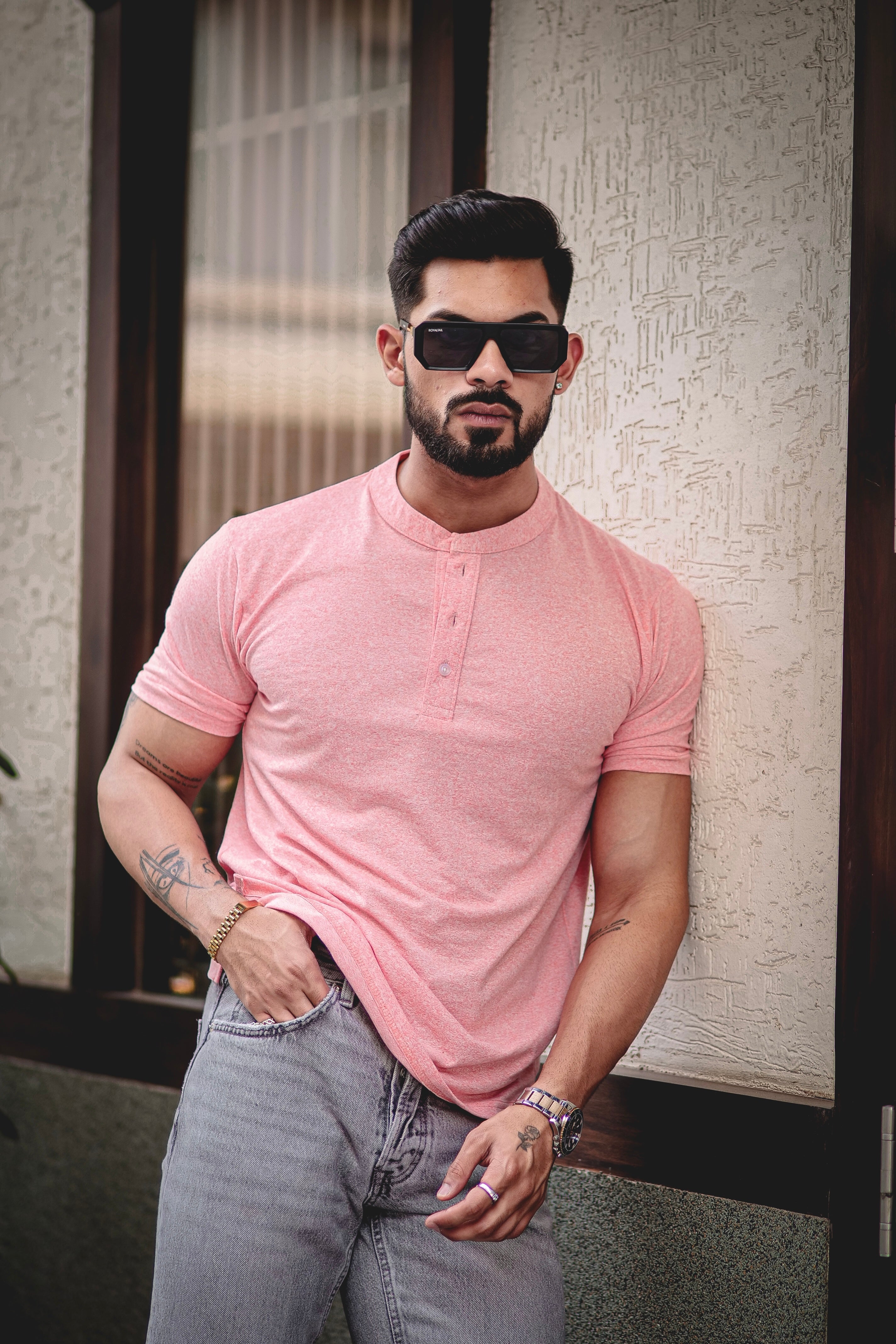 Pink Self Design Slub Henley T-Shirt