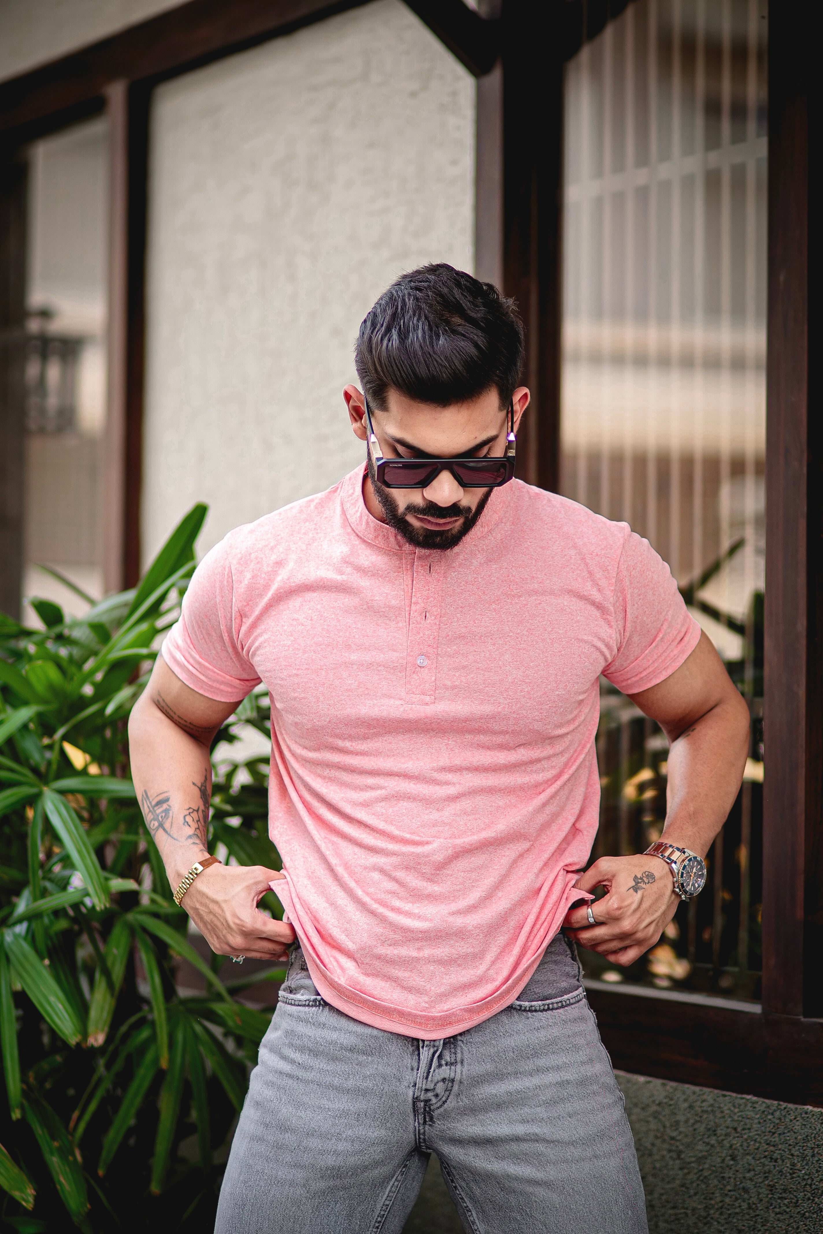 Pink Self Design Slub Henley T-Shirt