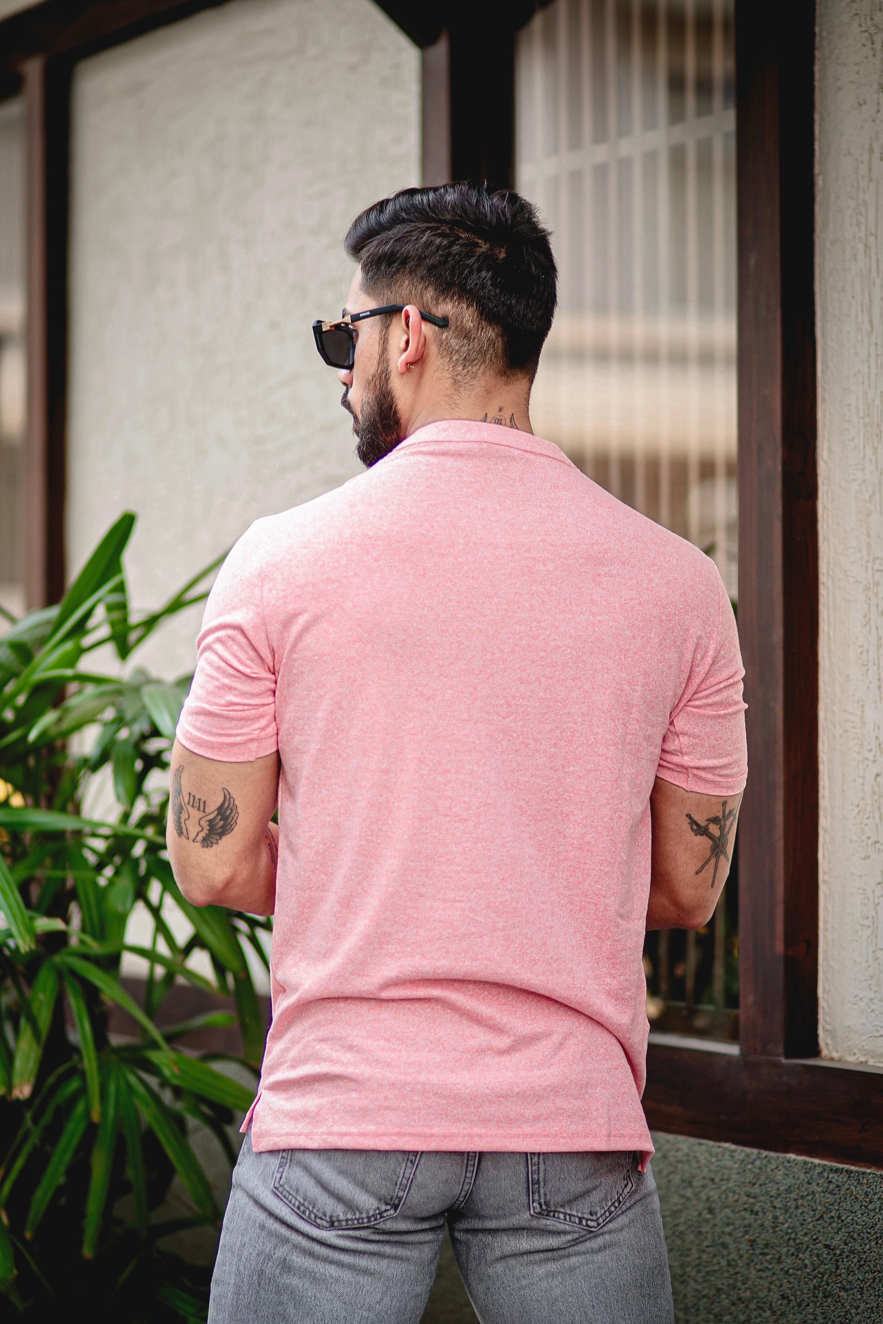 Pink Self Design Slub Henley T-Shirt
