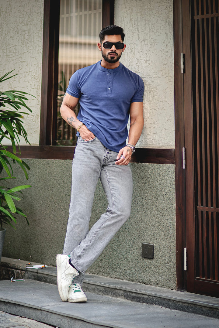 Dark Blue Self Design Henley T-Shirt