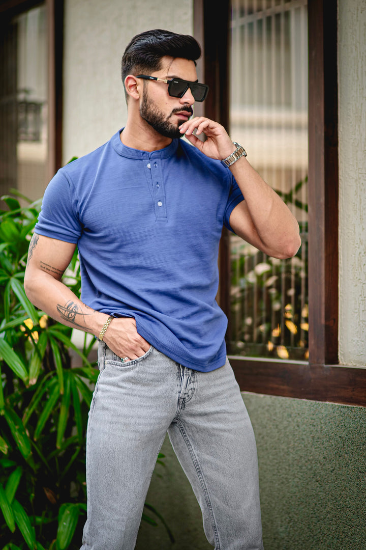 Dark Blue Self Design Henley T-Shirt