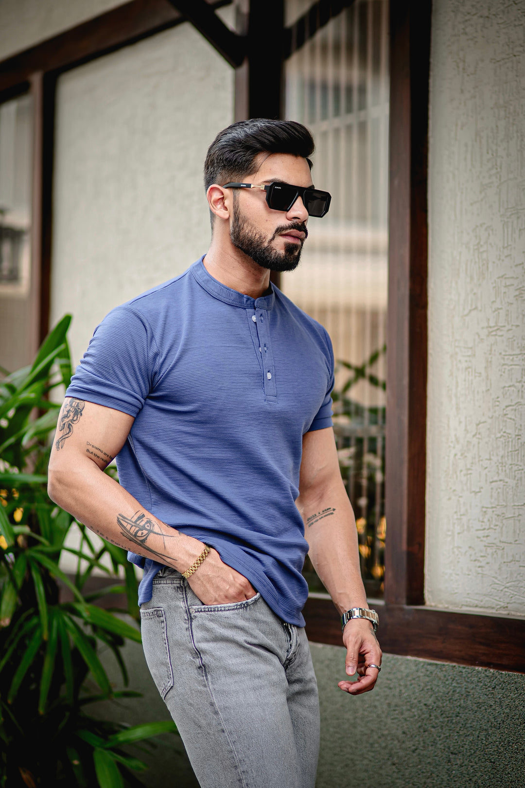 Dark Blue Self Design Henley T-Shirt