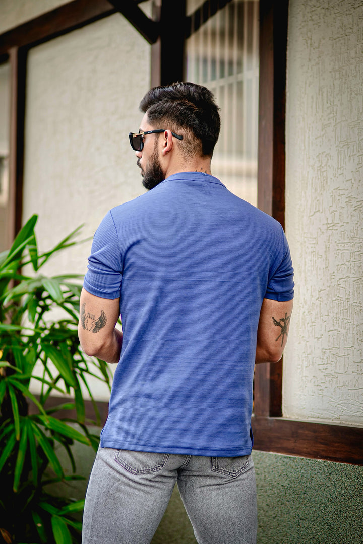 Dark Blue Self Design Henley T-Shirt