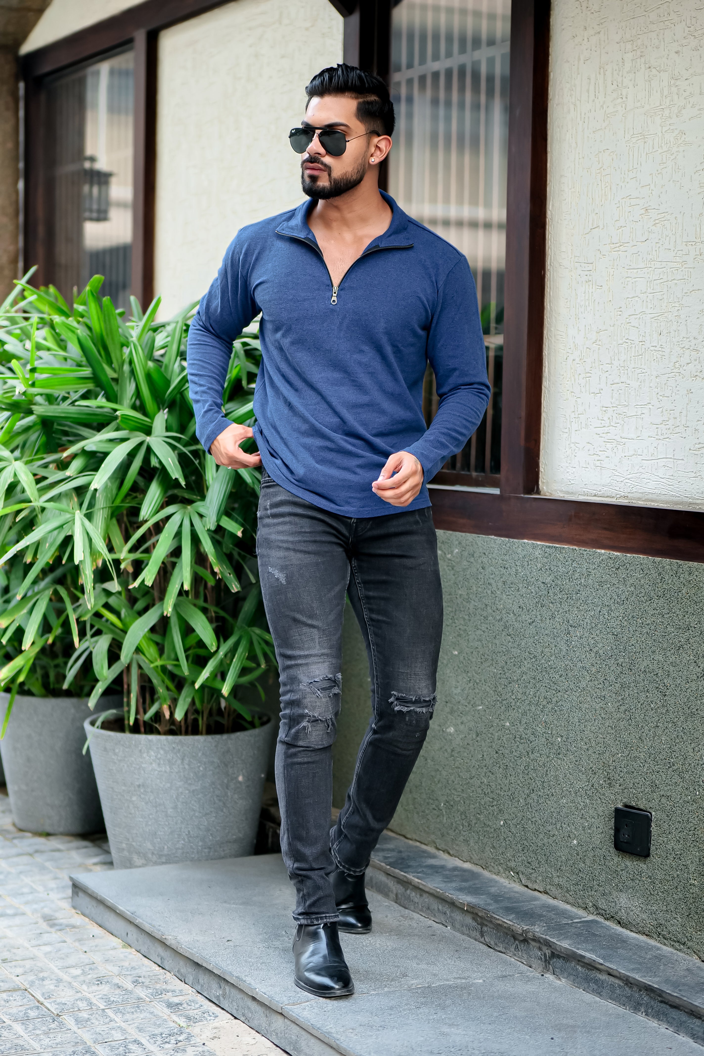 Blue Self Design Zipper T-Shirt