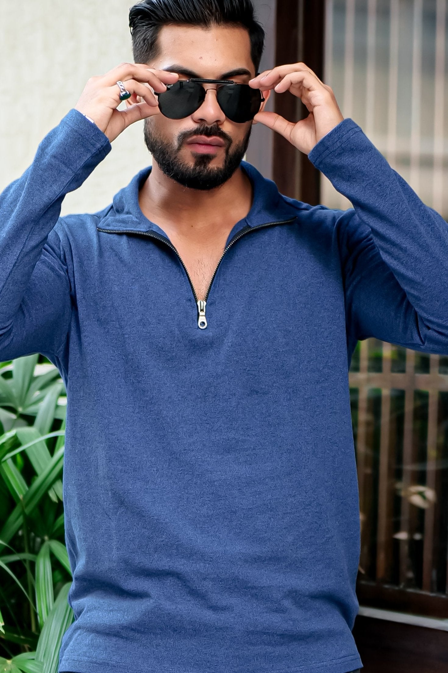 Blue Self Design Zipper T-Shirt