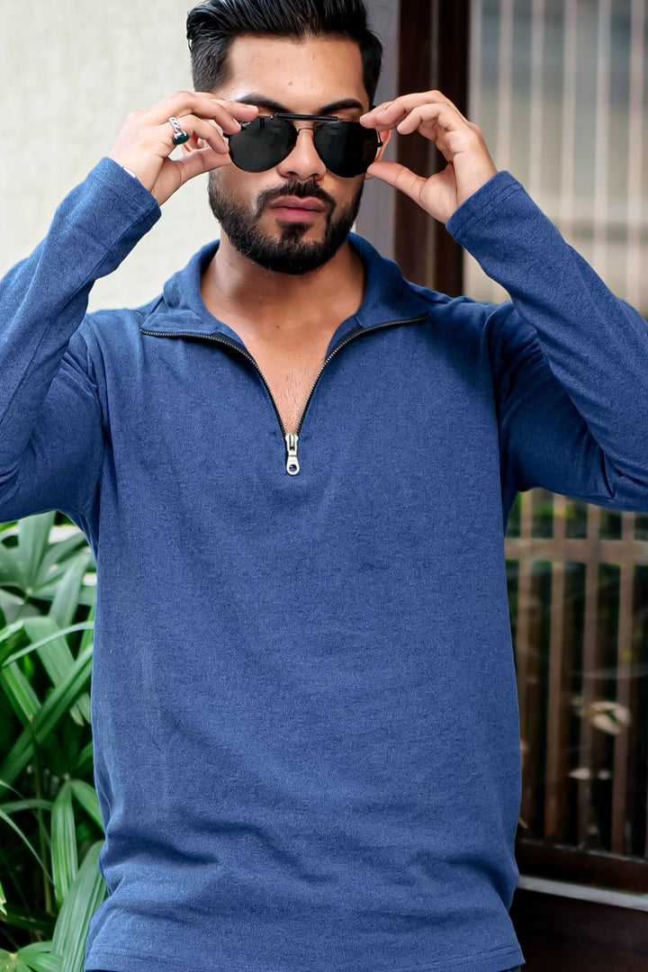 Blue Self Design Zipper T-Shirt