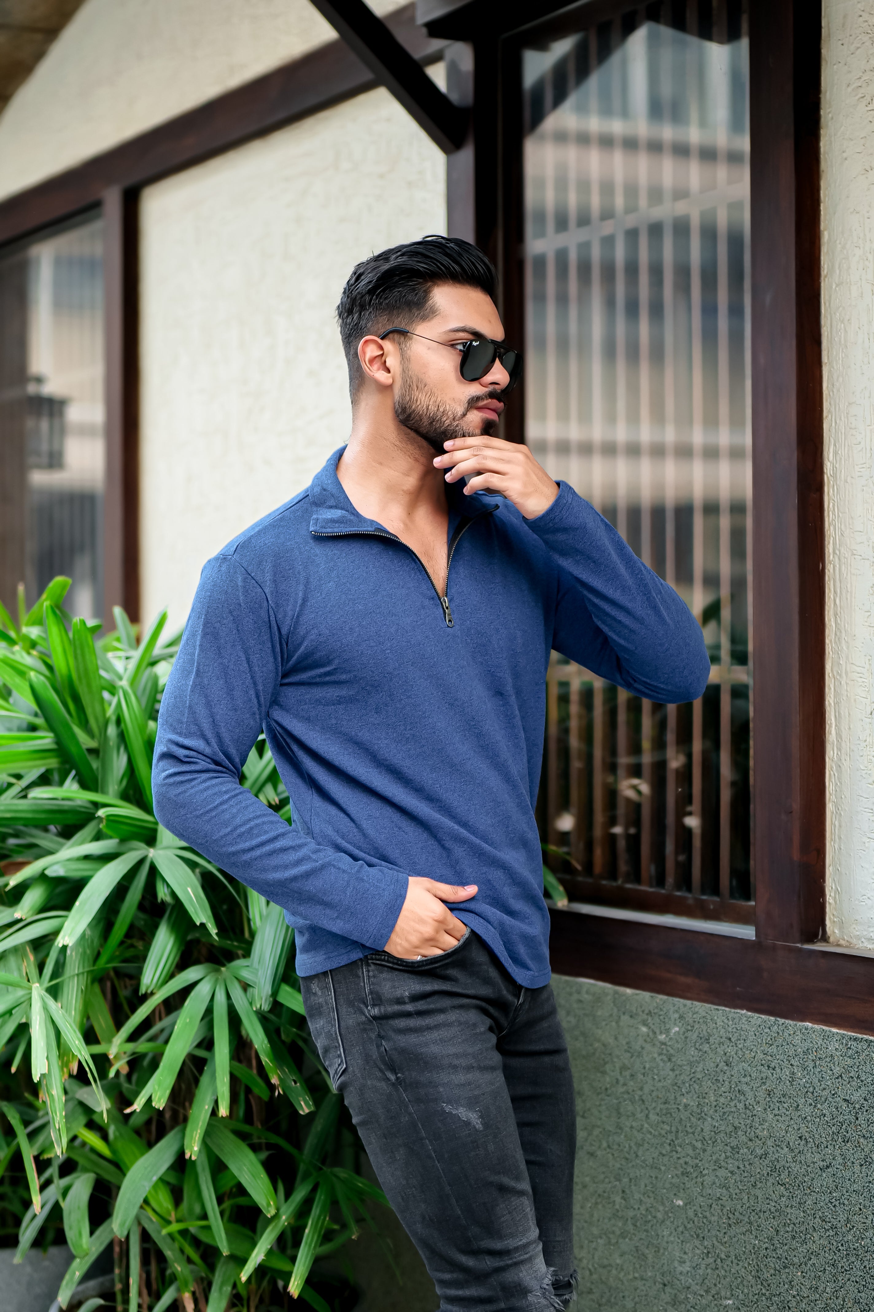 Blue Self Design Zipper T-Shirt