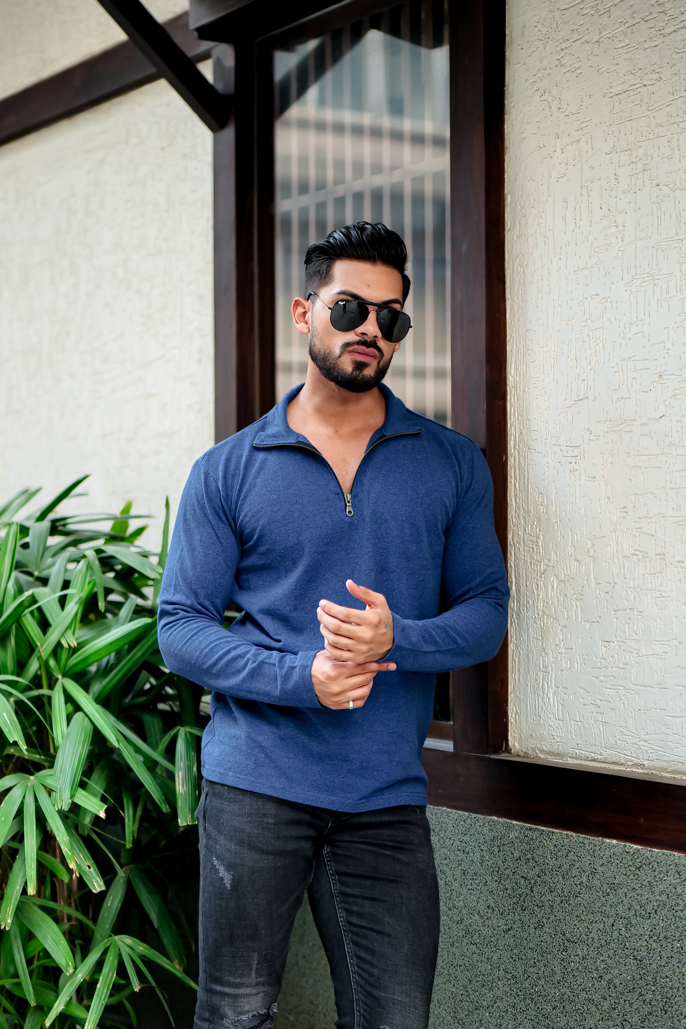 Blue Self Design Zipper T-Shirt