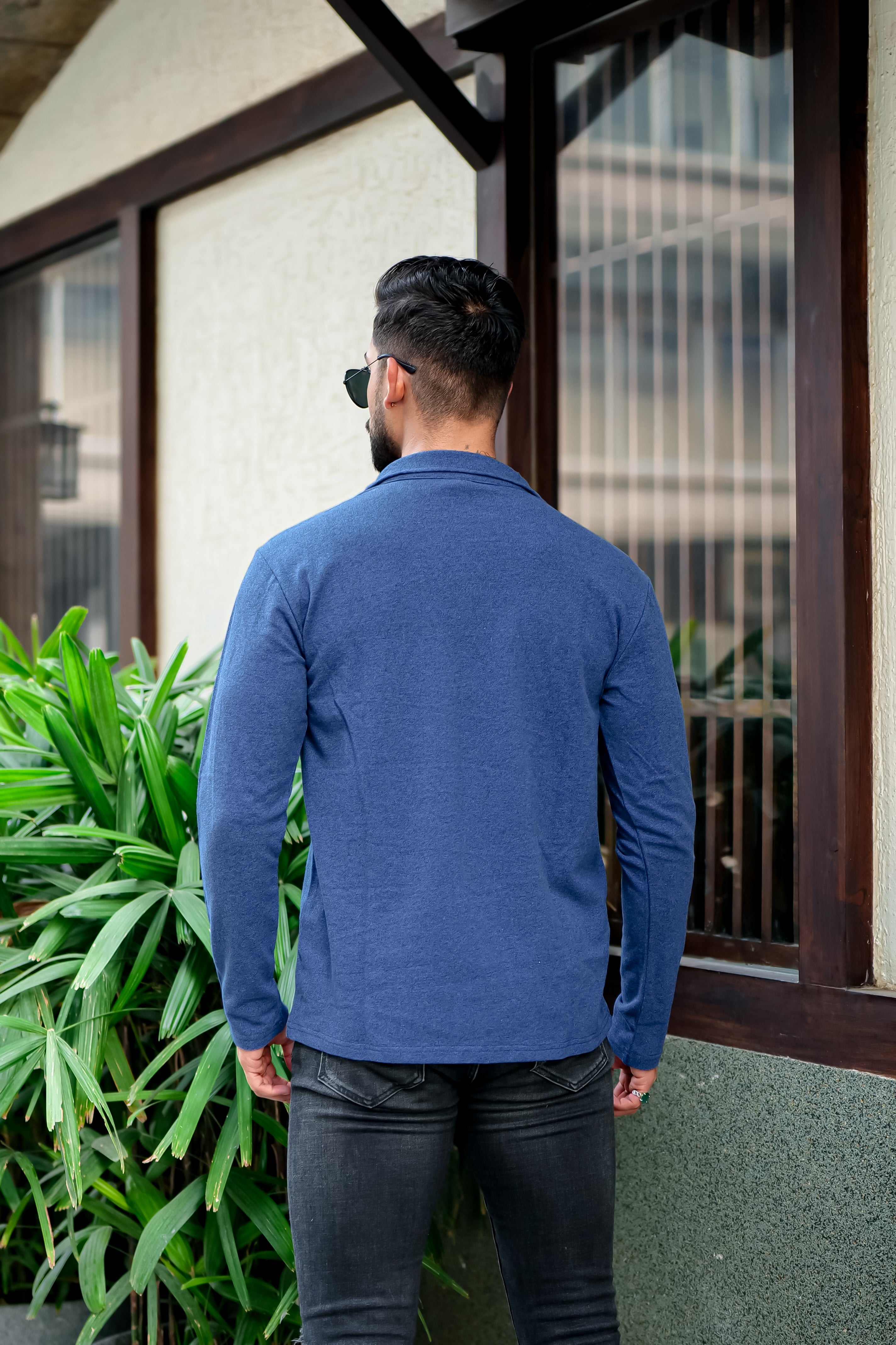 Blue Self Design Zipper T-Shirt