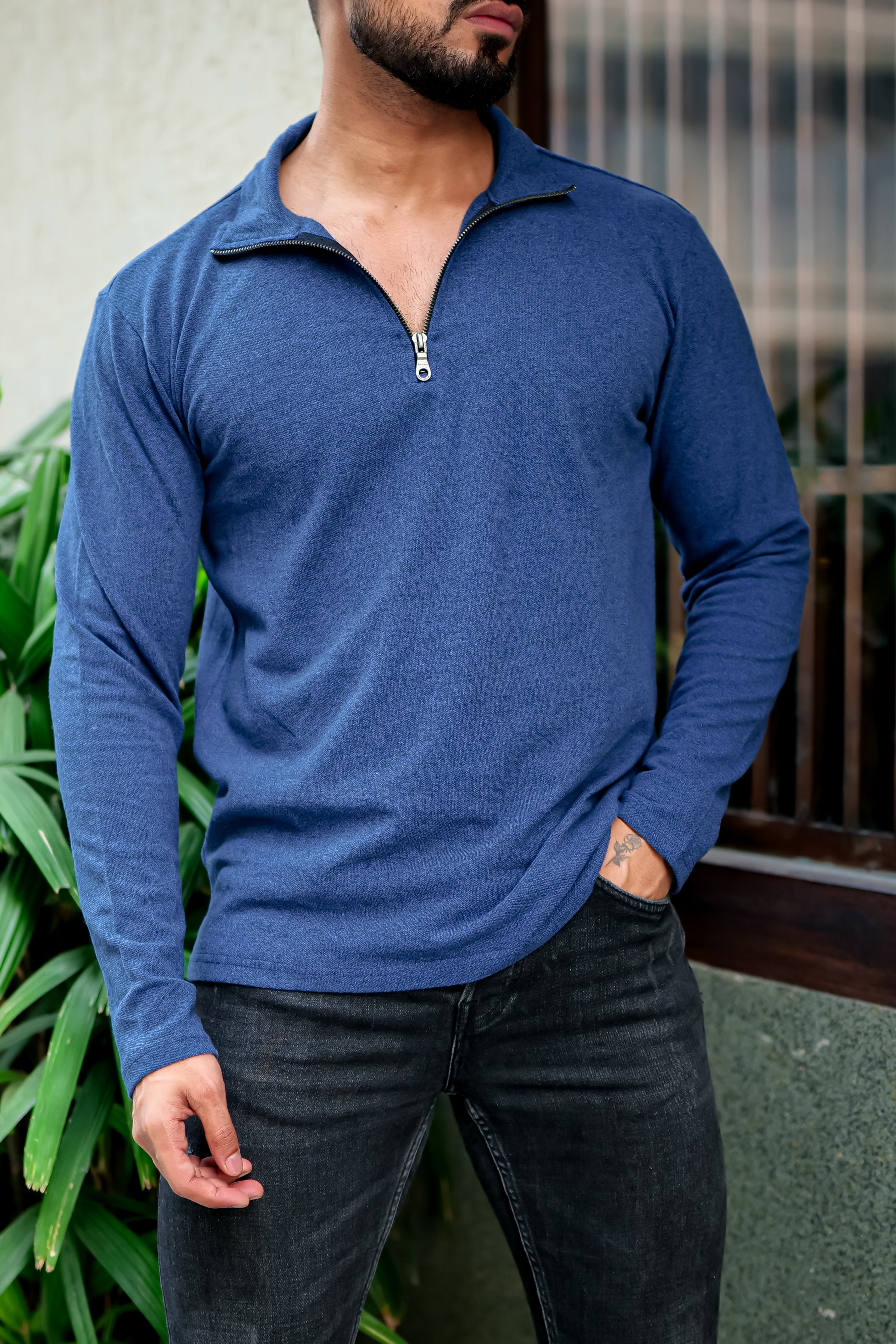 Blue Self Design Zipper T-Shirt