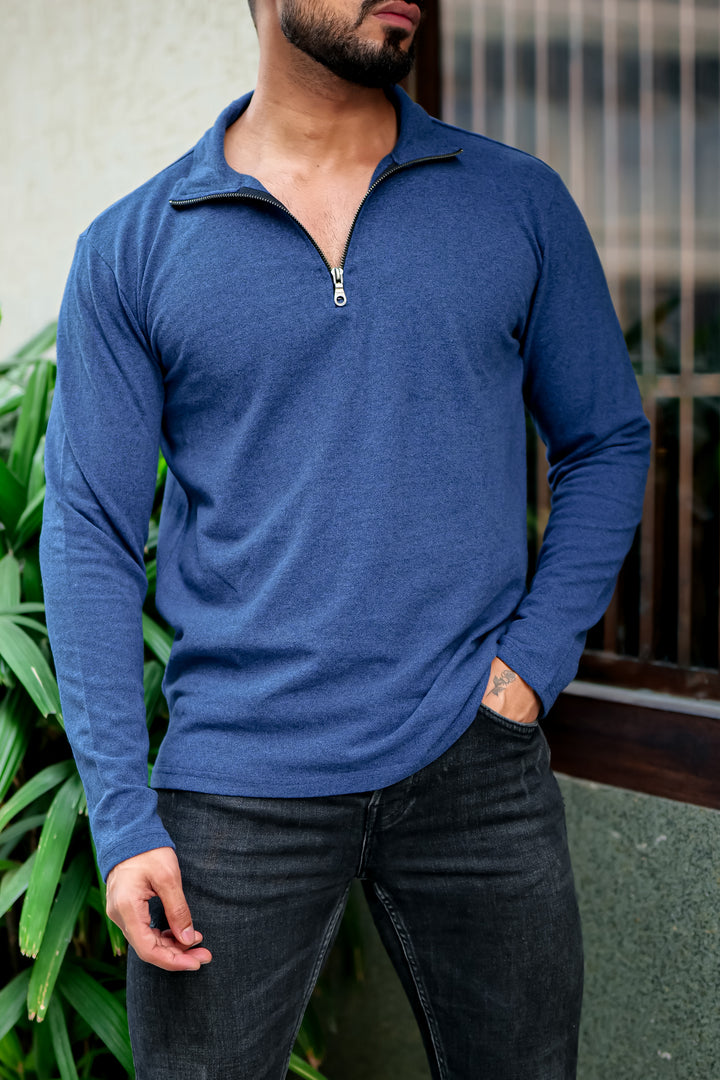 Blue Self Design Zipper T-Shirt