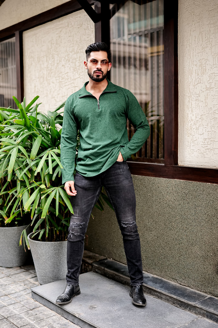 Green Self Design Tinted Zipper T-Shirt