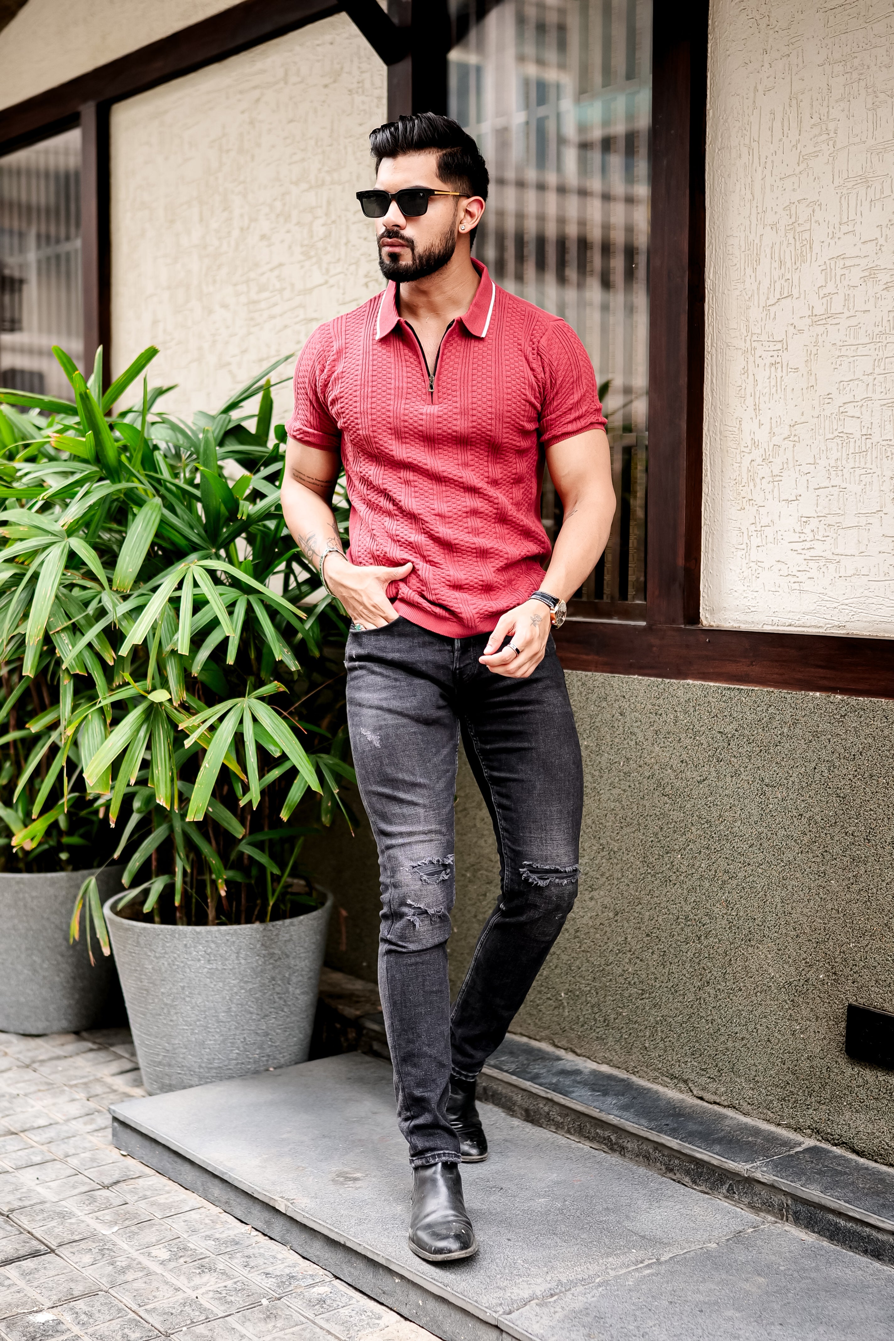 PEACH FLAT KNIT ZIPPER POLO T-SHIRT