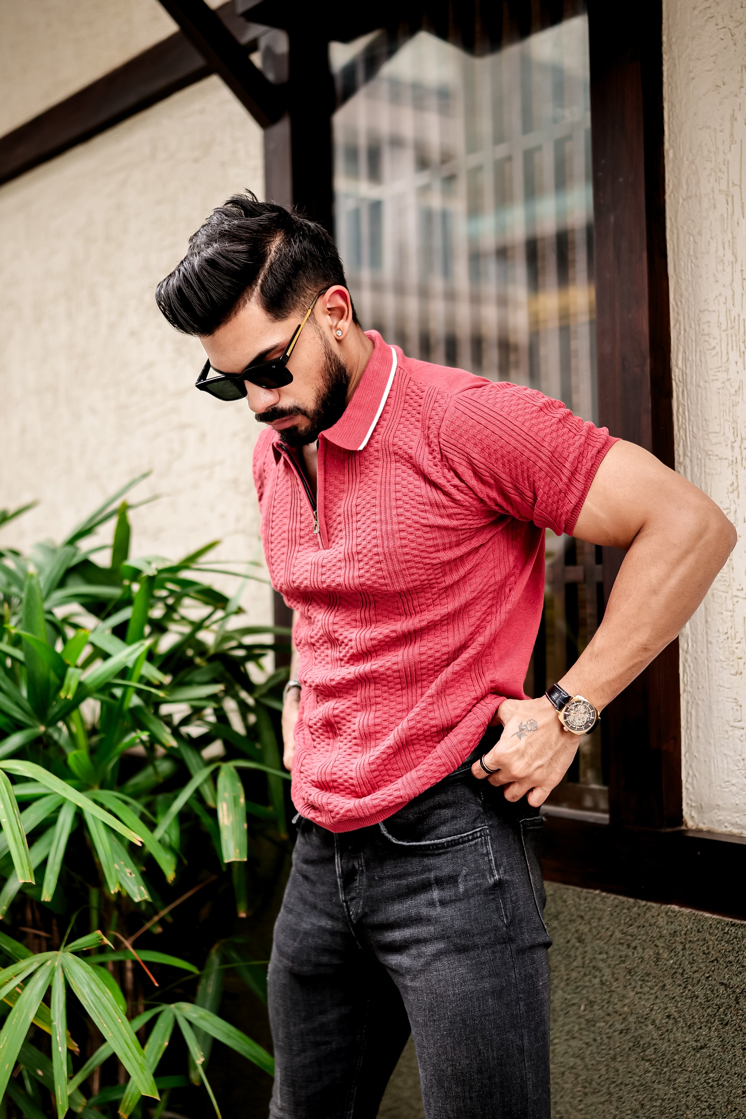 PEACH FLAT KNIT ZIPPER POLO T-SHIRT