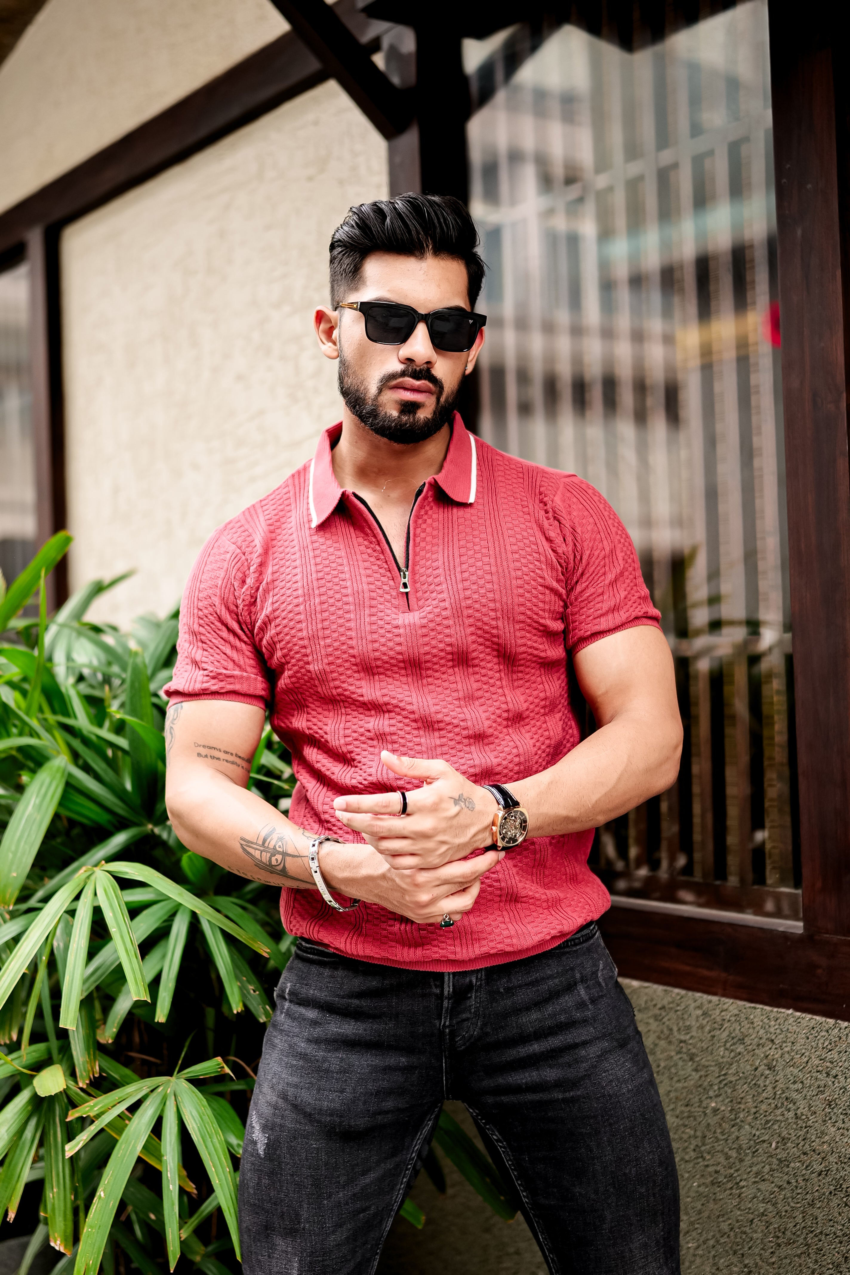 PEACH FLAT KNIT ZIPPER POLO T-SHIRT