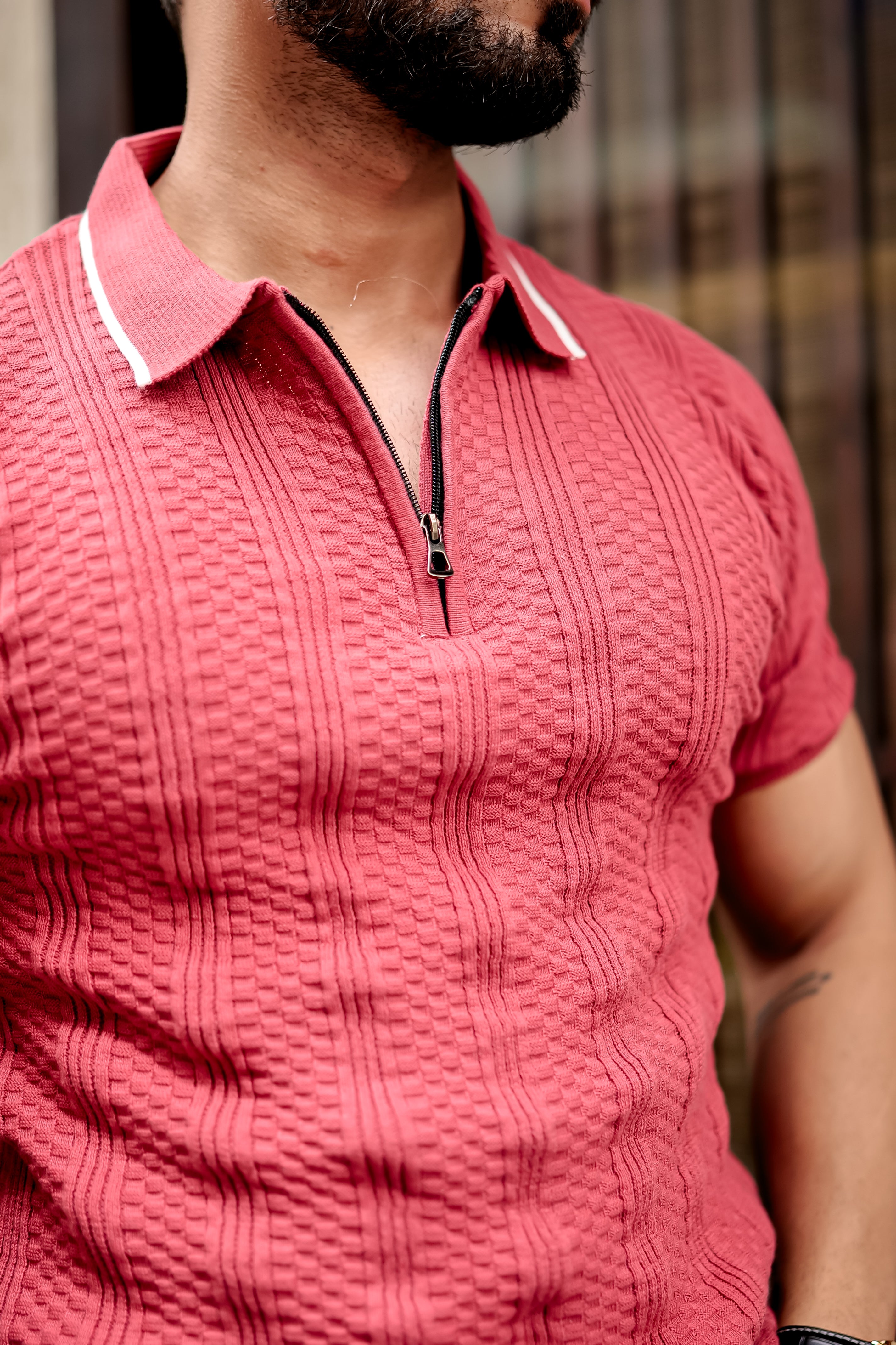 PEACH FLAT KNIT ZIPPER POLO T-SHIRT