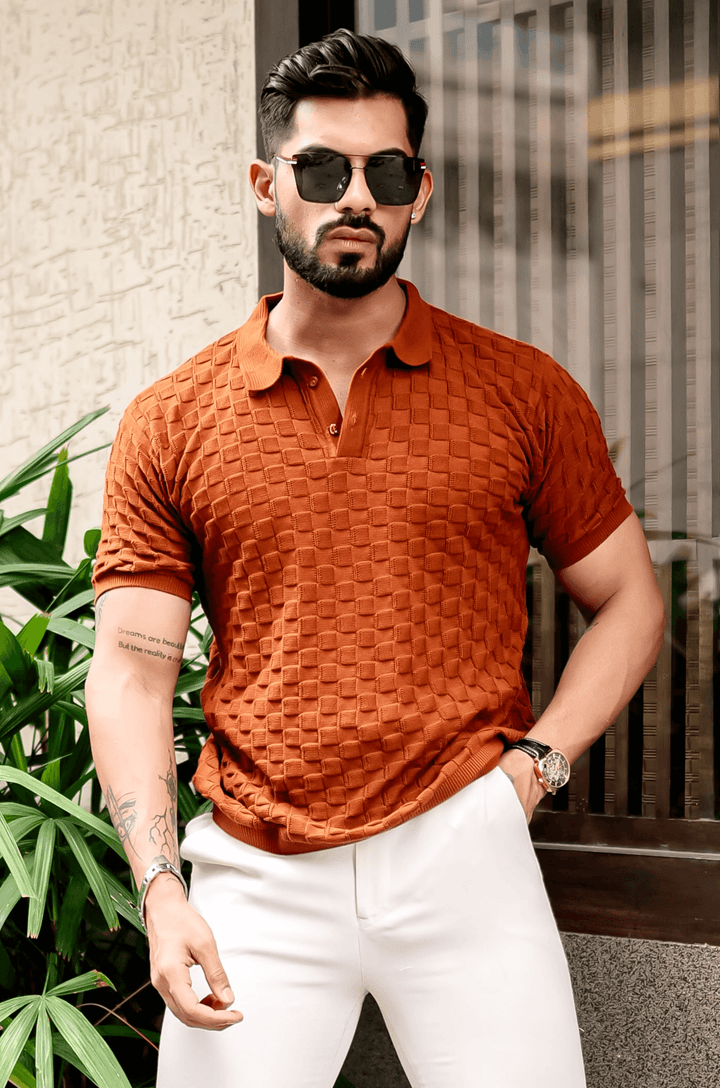 Brown Textured Flat Knit Polo T-Shirt
