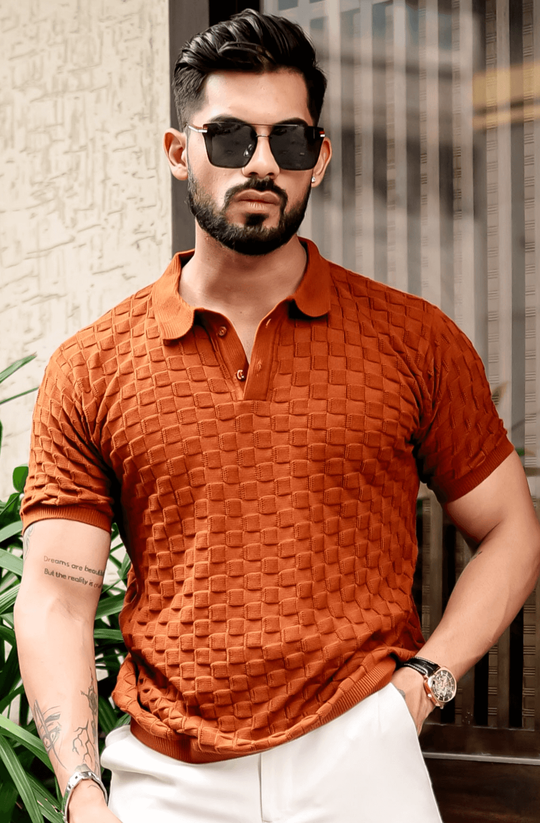 Brown Textured Flat Knit Polo T-Shirt