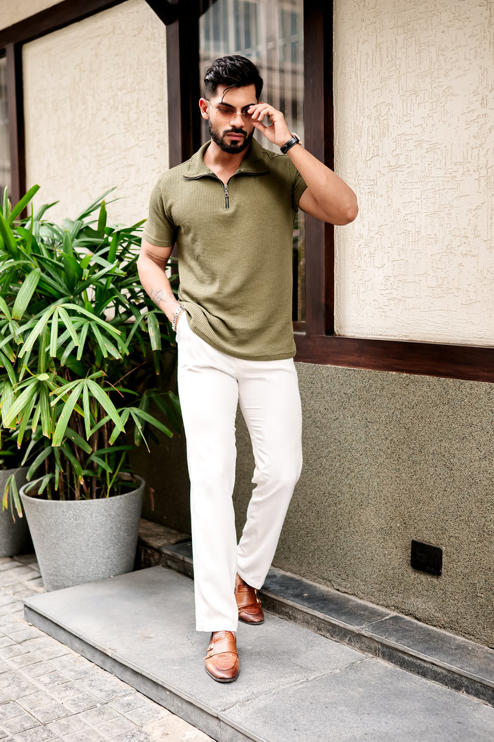 Olive Self Design Waffle Zipper T-Shirt
