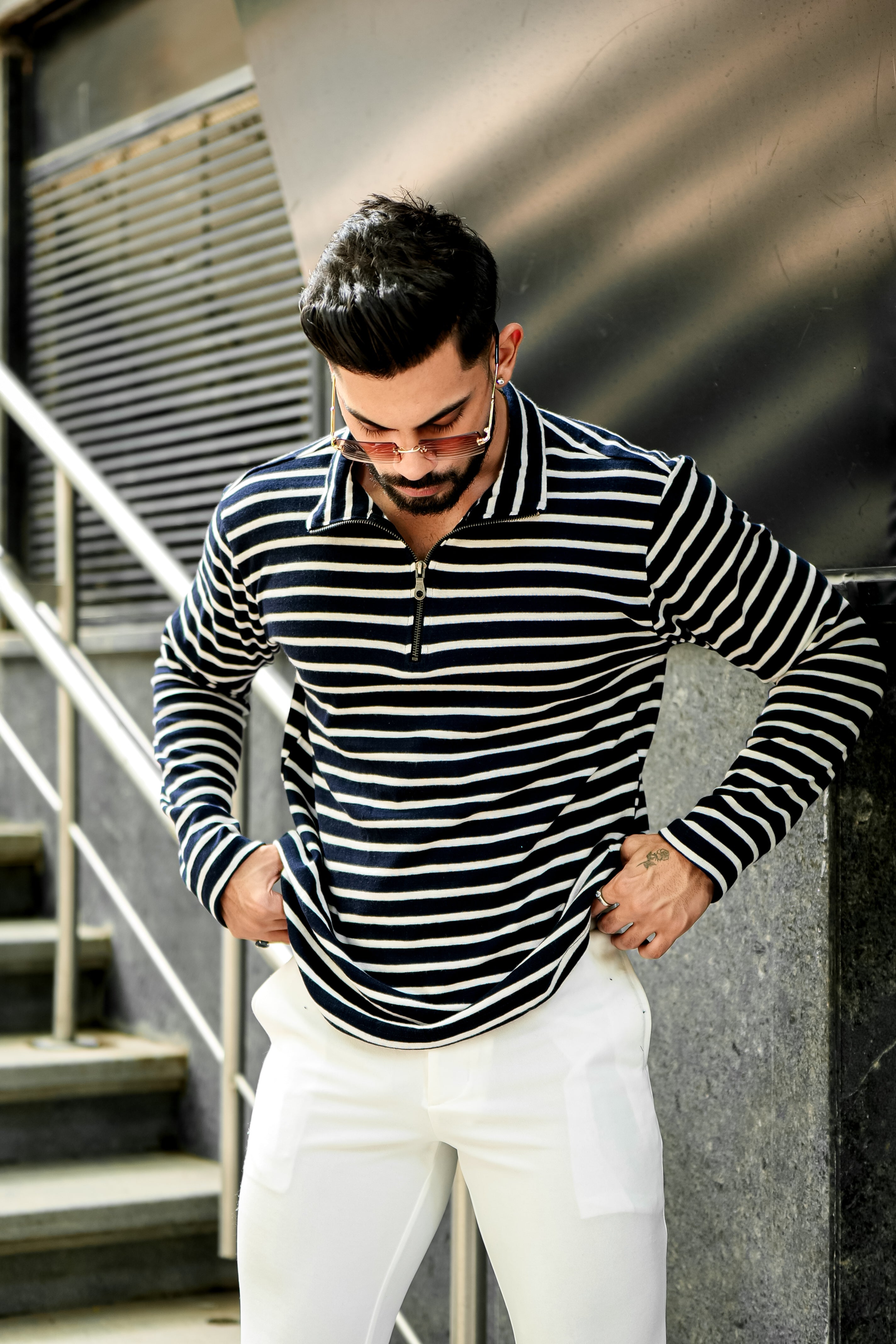 Navy White Self Design Stripe Zipper T-Shirt