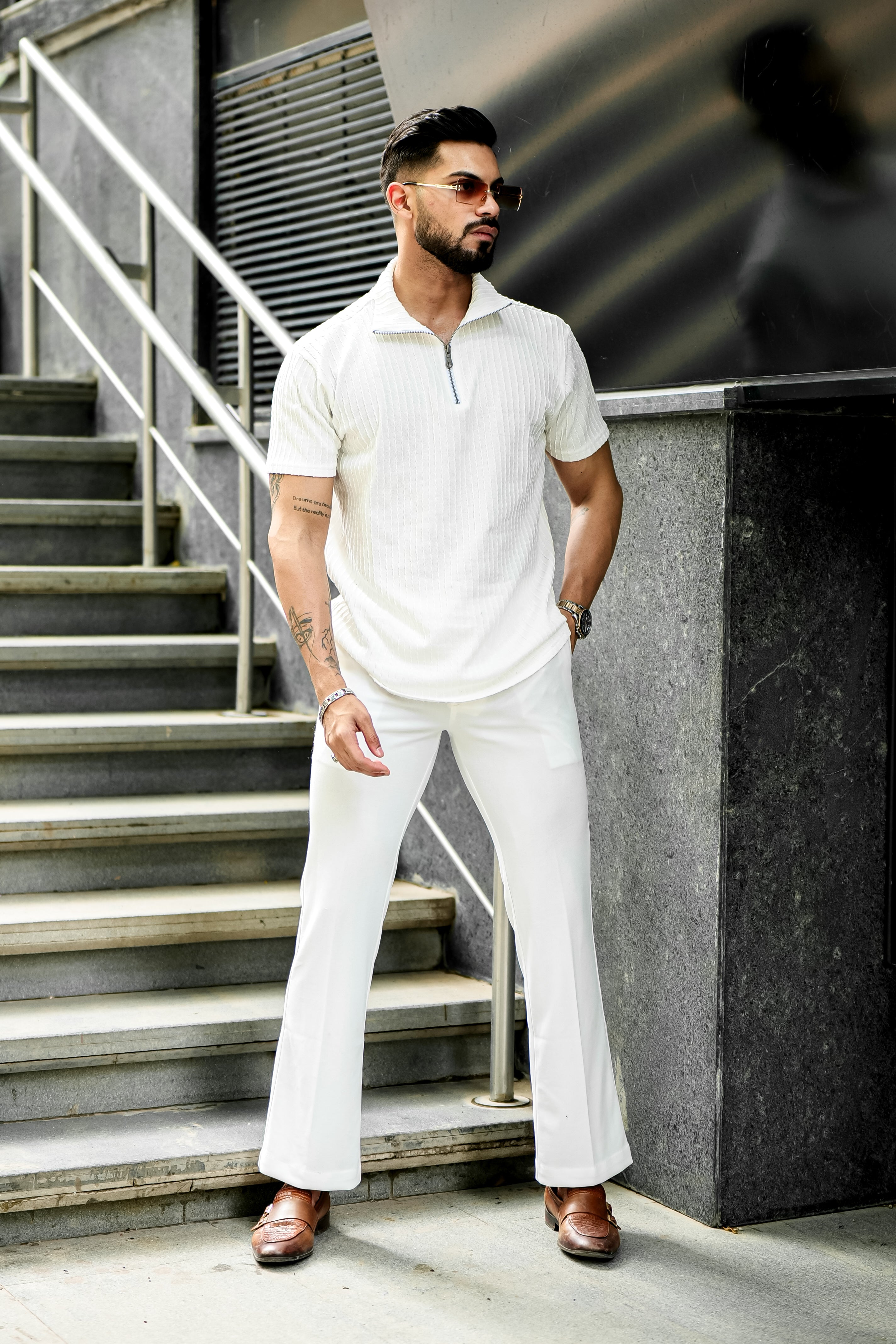 White SELF DESIGN TINTED ZIPPER T-SHIRT