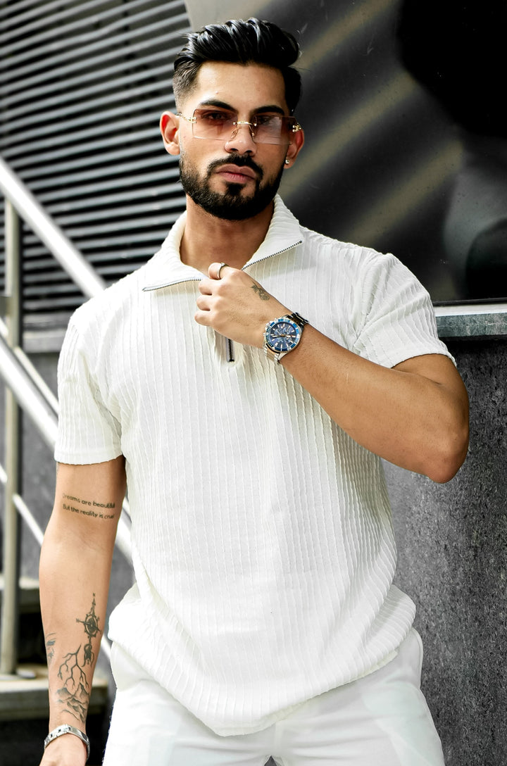 White SELF DESIGN TINTED ZIPPER T-SHIRT