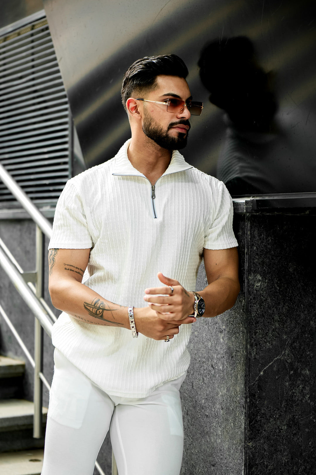 White SELF DESIGN TINTED ZIPPER T-SHIRT