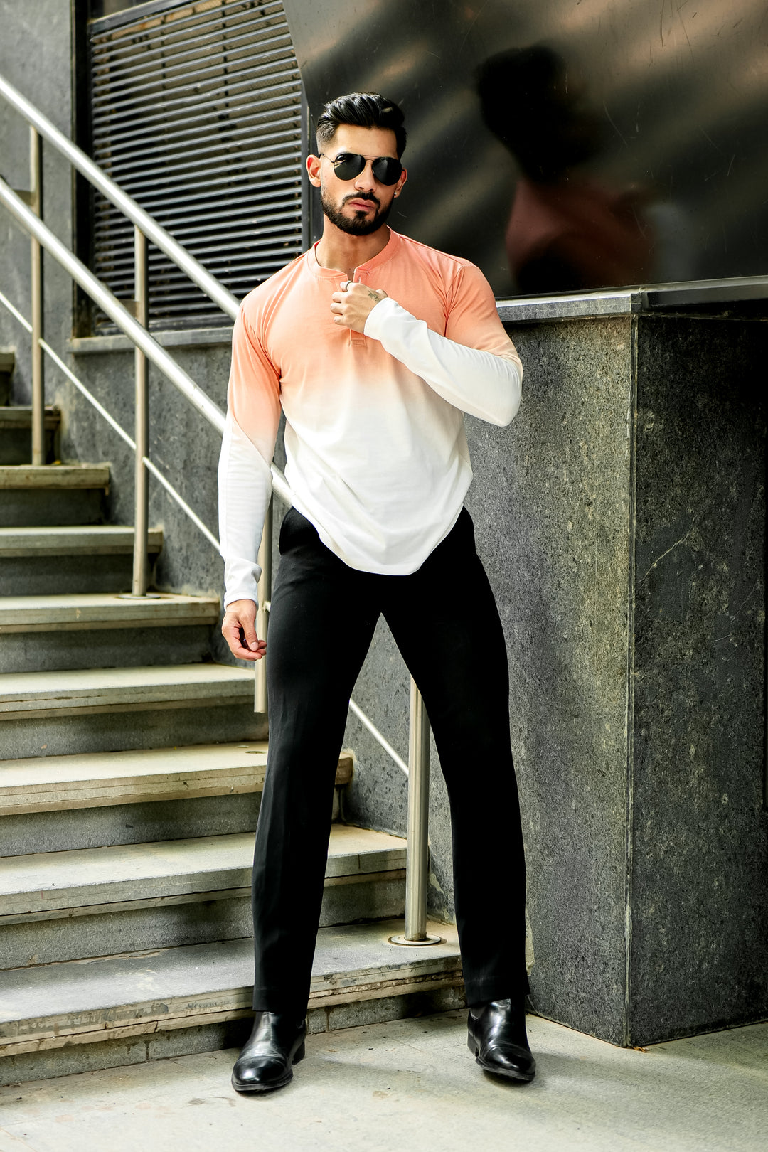 Coral Ombre Dyed Henley T-Shirt
